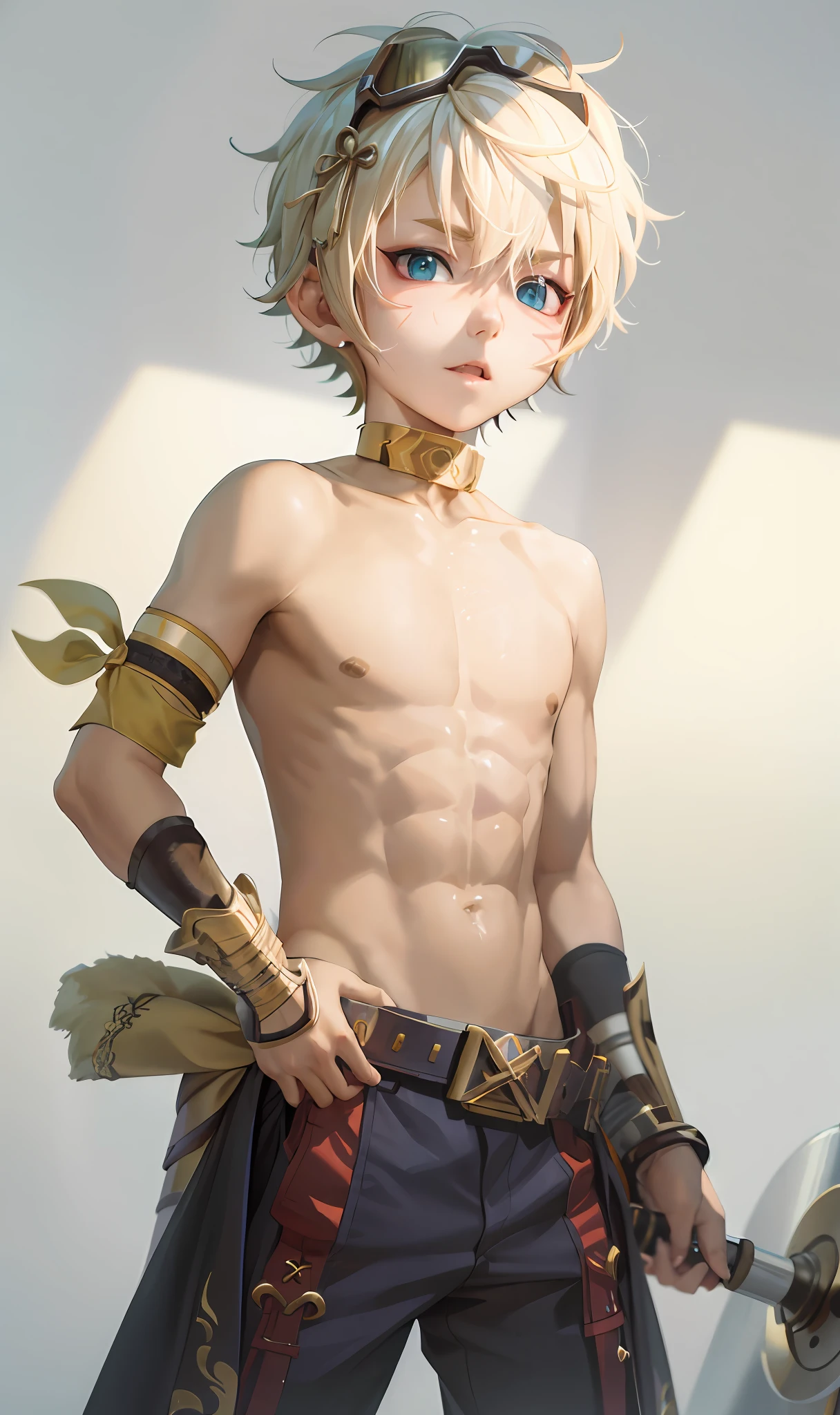 blond boy,Take photos with shirtless torso and goggles, From the Ark of Tomorrow, Young blonde boy, cute face, male anime character, Anime figure; Full-body art, Ross Tran 8 K, Guviz-style artwork,adolable,Handsome,Two-dimensional Shota,beast ear,Collar,with brown eye,cute feet,Full body photo