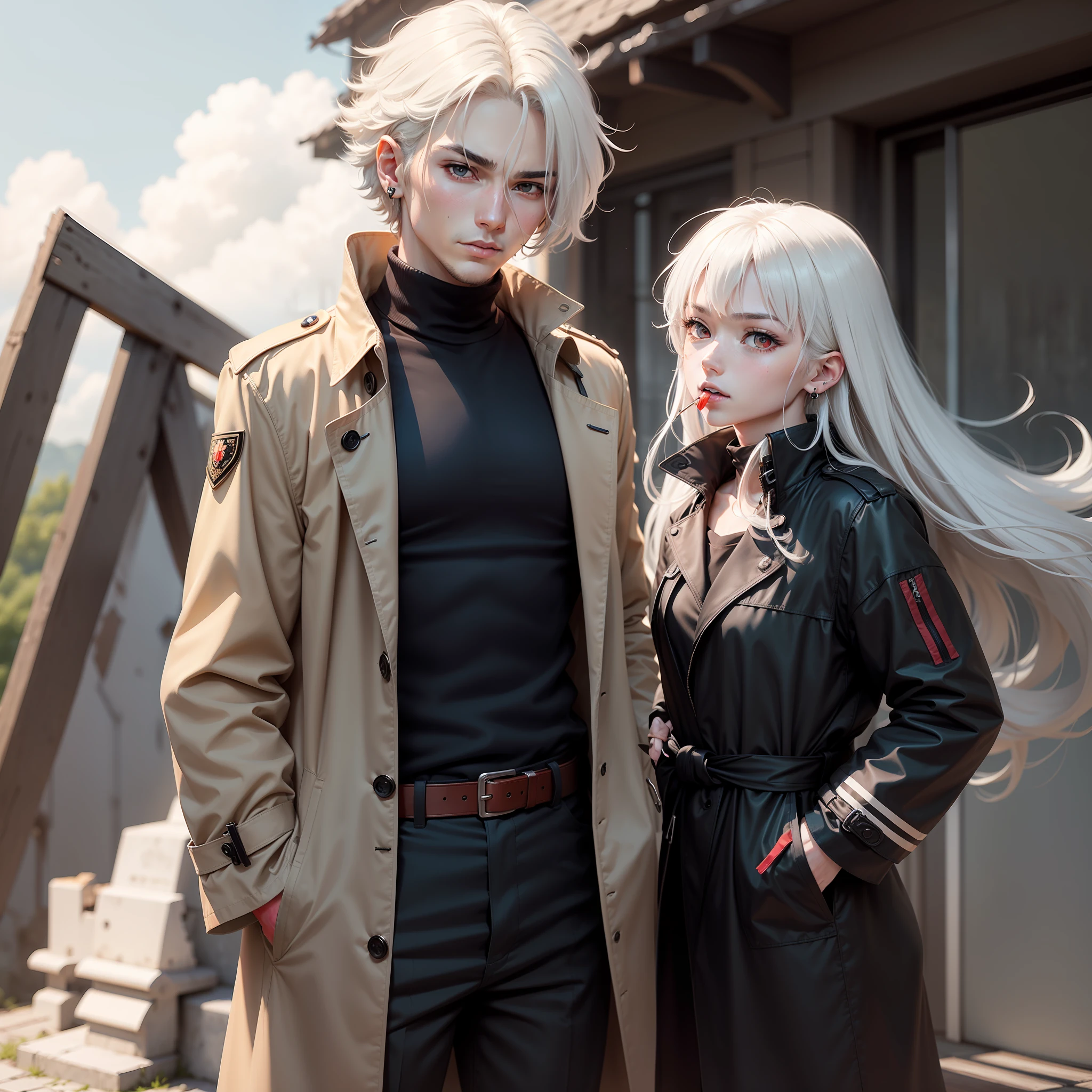 Anime characters,Anime male,Height 181,Strong body,White hair and red eyes,Wear a black earring on the left ear,Pure black tunic trench coat,Sharp expression,Look ahead,the corners of your mouth rise slightly,Not moving in the wind,Put your hands in your pockets。Hair flutters in the wind。