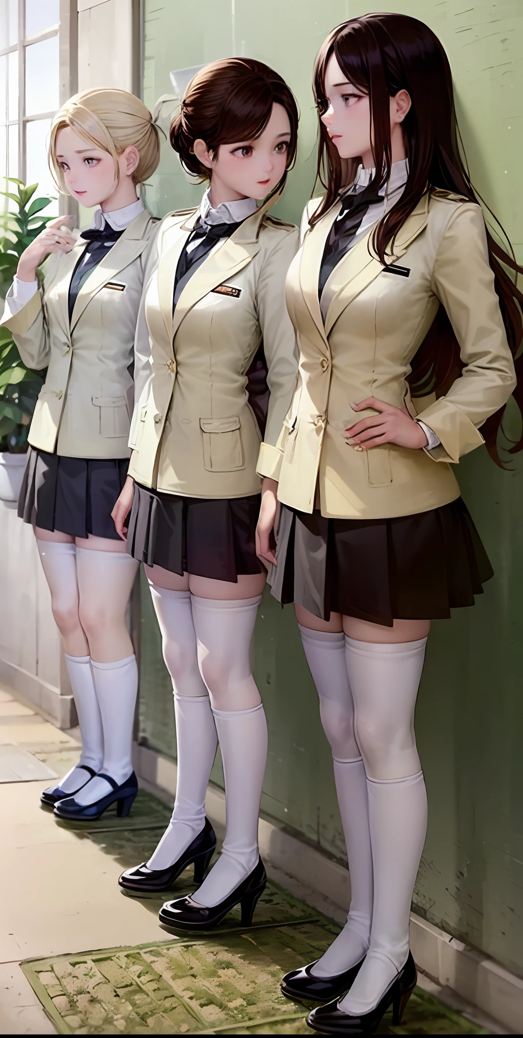 ((Masterpiece, highres)), ((thousands of, crowd of)), girls, group, clones, (( brown haired girls, blonde girls)), long hair, curly hair, matching hairstyles, different hair color, confident, elegant, rich girls, emotionless, arms at sides, straight backs, (((matching outfits, identical outfits, yellow school uniforms, sexy school uniforms, yellow blazer, yellow short skirt, white thighhighs, long white socks, black high heels))), standing at attention, shoulder to shoulder, same pose, sisters in neat rows, many rows, crowd shot