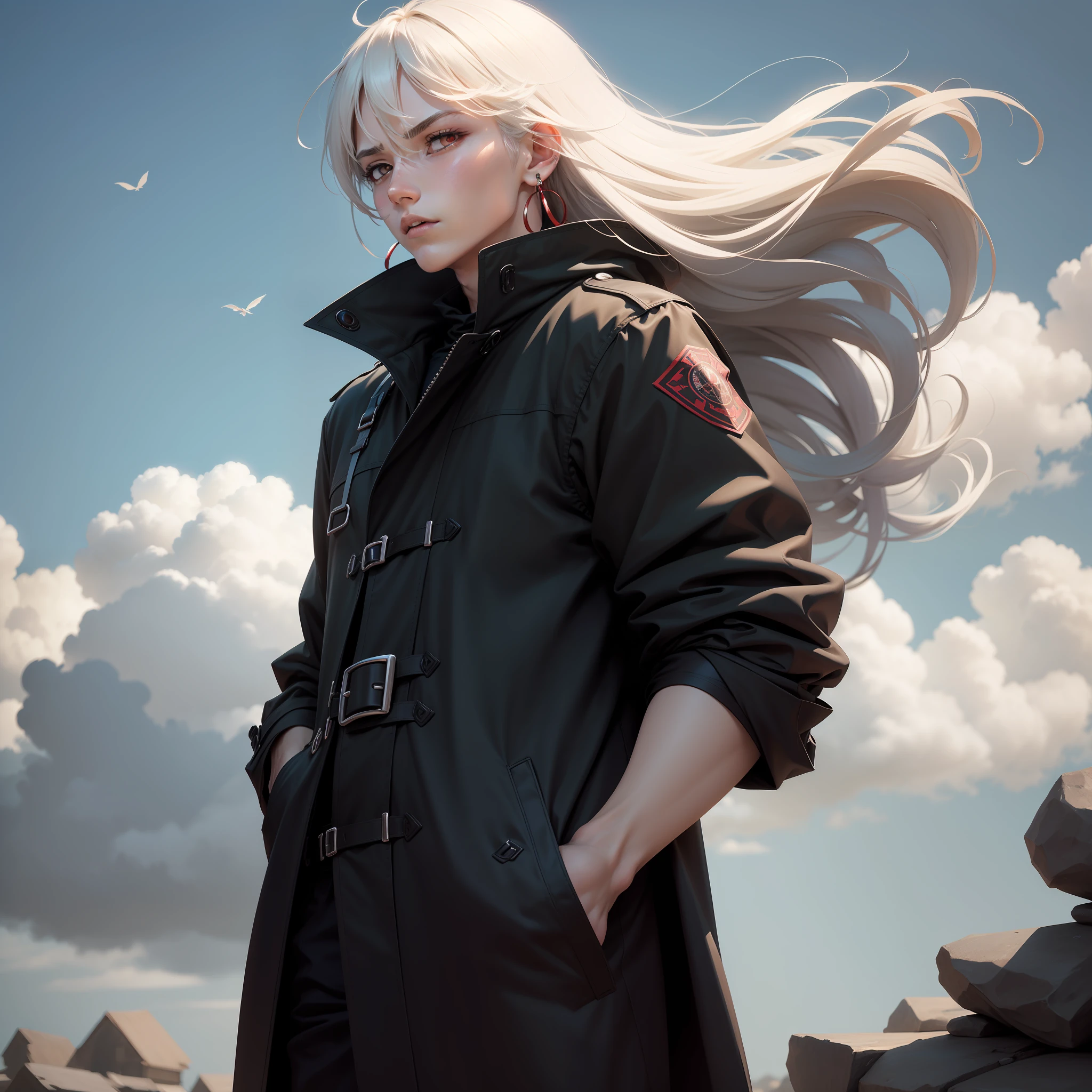 Anime characters，Anime male，Height 181，Strong body，White hair and red eyes，Wear a black earring on the left ear，Pure black tunic trench coat，Sharp expression，Look ahead，the corners of your mouth rise slightly，Not moving in the wind，Put your hands in your pockets。Hair flutters in the wind。