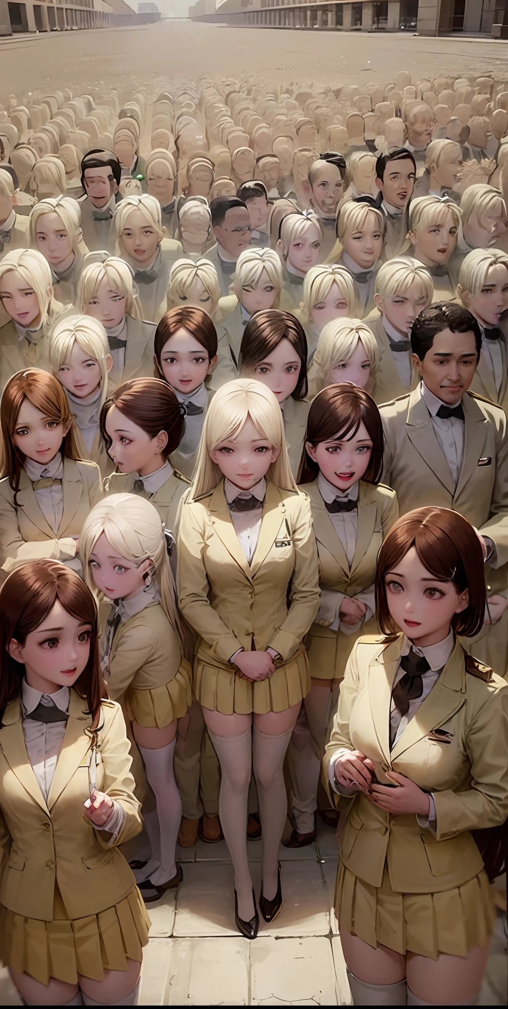 ((Masterpiece, highres)), ((thousands of, crowd of)), girls, group, clones, (( brown haired girls, blonde girls)), long hair, curly hair, matching hairstyles, different hair color, confident, elegant, rich girls, emotionless, arms at sides, straight backs, (((matching outfits, identical outfits, yellow school uniforms, sexy school uniforms, yellow blazer, yellow short skirt, white thighhighs, long white socks, black high heels))), standing at attention, shoulder to shoulder, same pose, sisters in neat rows, many rows, crowd shot