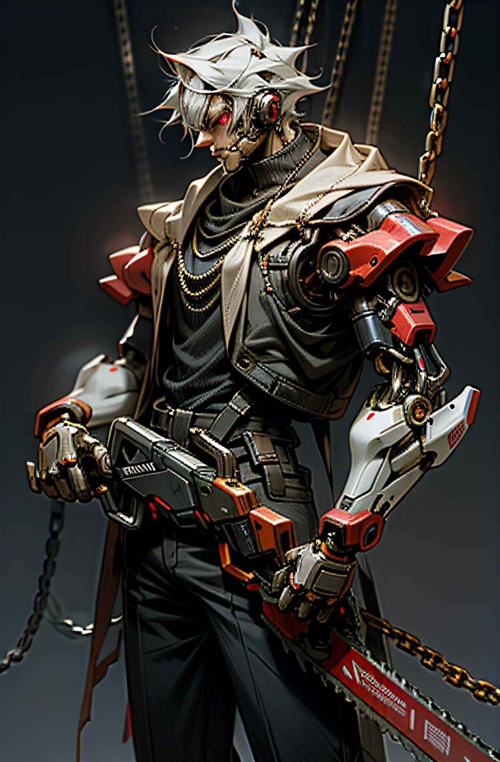 Dark_Fantasy,Cyberpunk,(chain saw,chain saw man,Red:1.1),1man,Mechanical marvel,Robotic presence,Cybernetic guardian,