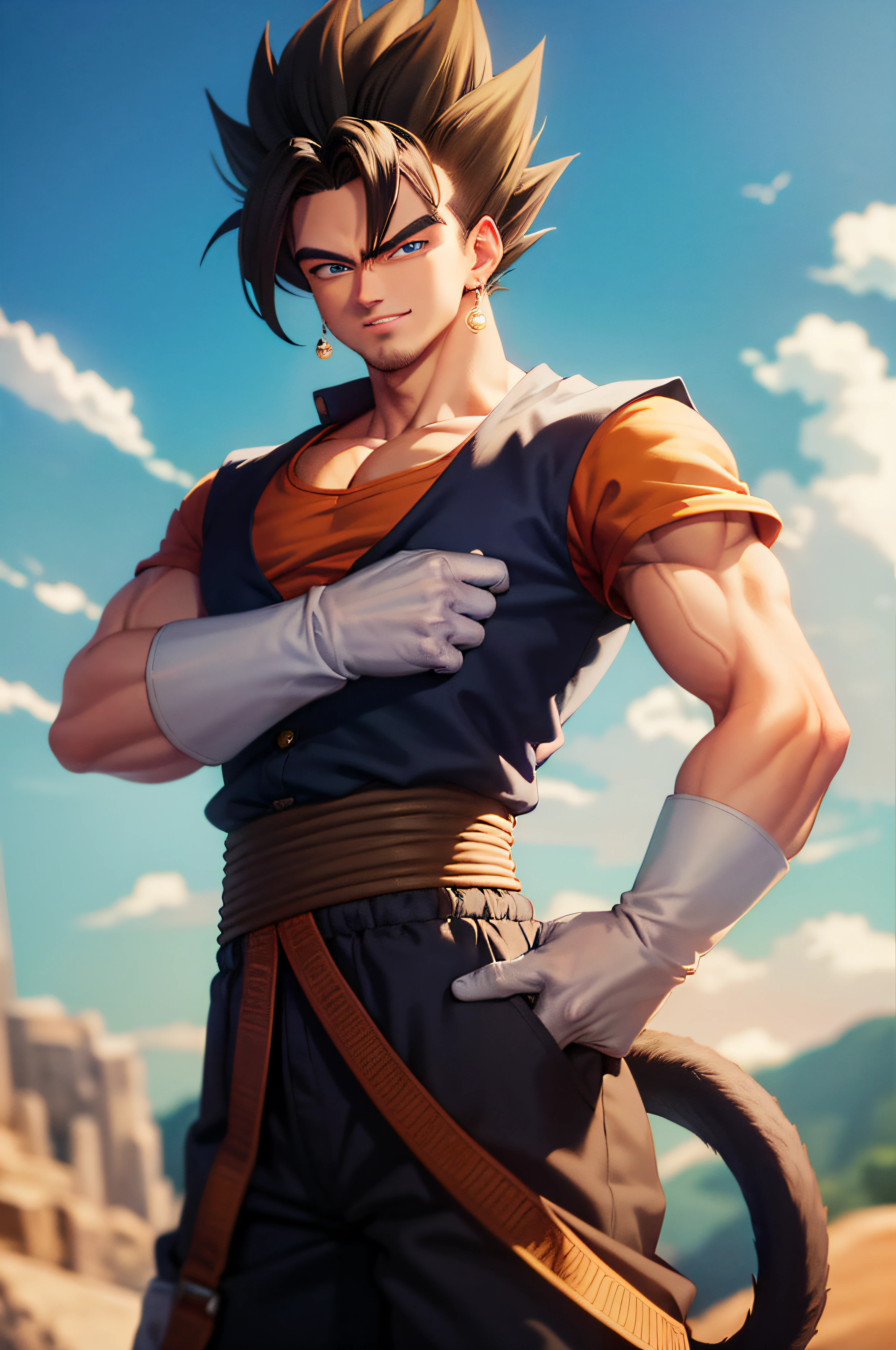 (masterpiece, best quality:1.2), cowboy shot, solo, male focus, 1boy, vegetto, smile, looking at viewer, crossed arms, black hair, spiked hair, blue eyes, dougi, white gloves, pectorals, tail