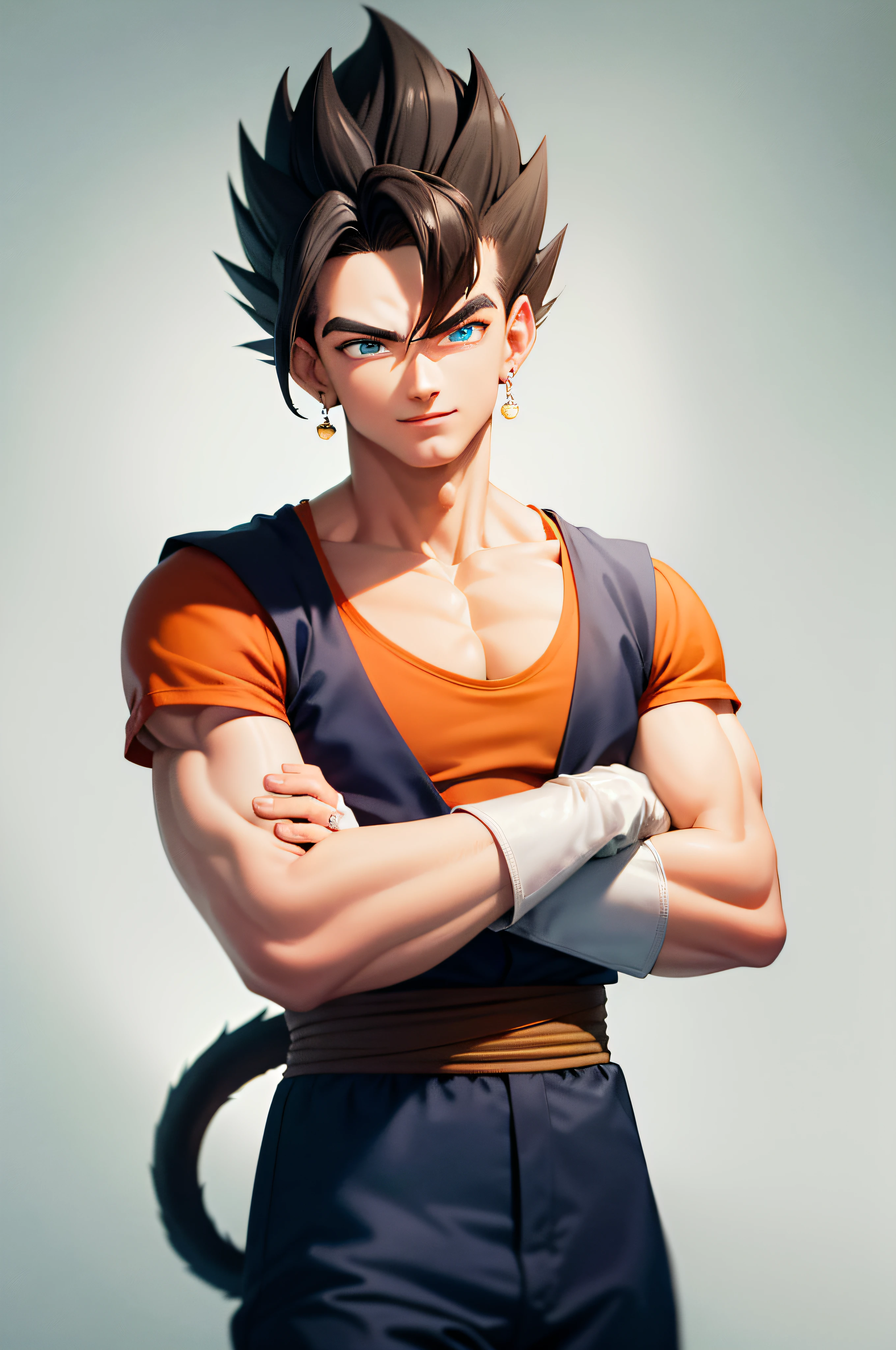 (masterpiece, best quality:1.2), cowboy shot, solo, male focus, 1boy, vegetto, smile, looking at viewer, crossed arms, black hair, spiked hair, blue eyes, dougi, white gloves, pectorals, tail