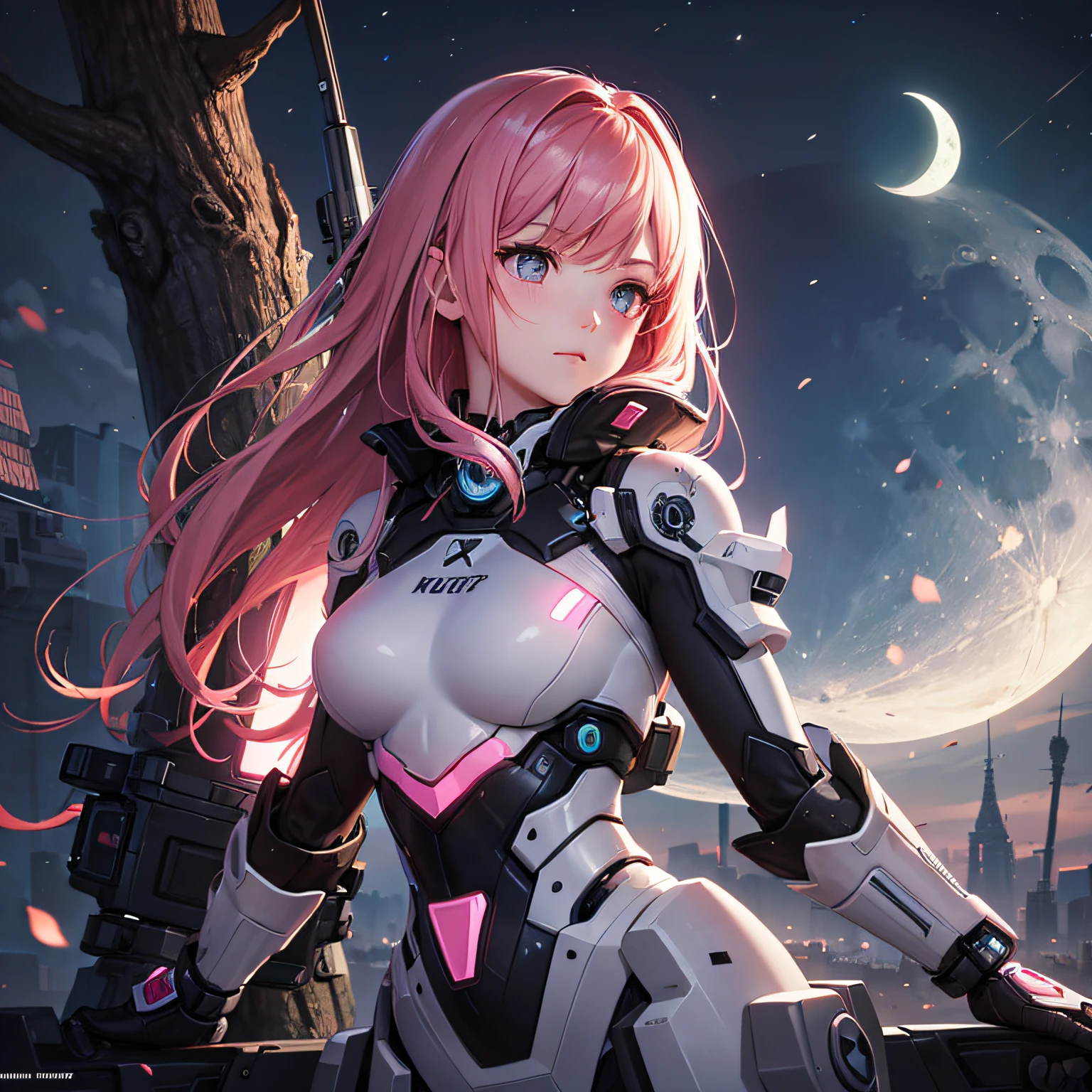 （（（tmasterpiece））），best qualtiy，illustratio，beautiful detail glow，
paper_cut， Hooters， The tree，themoon，The girl wears a pink mech, a metallic mech --auto