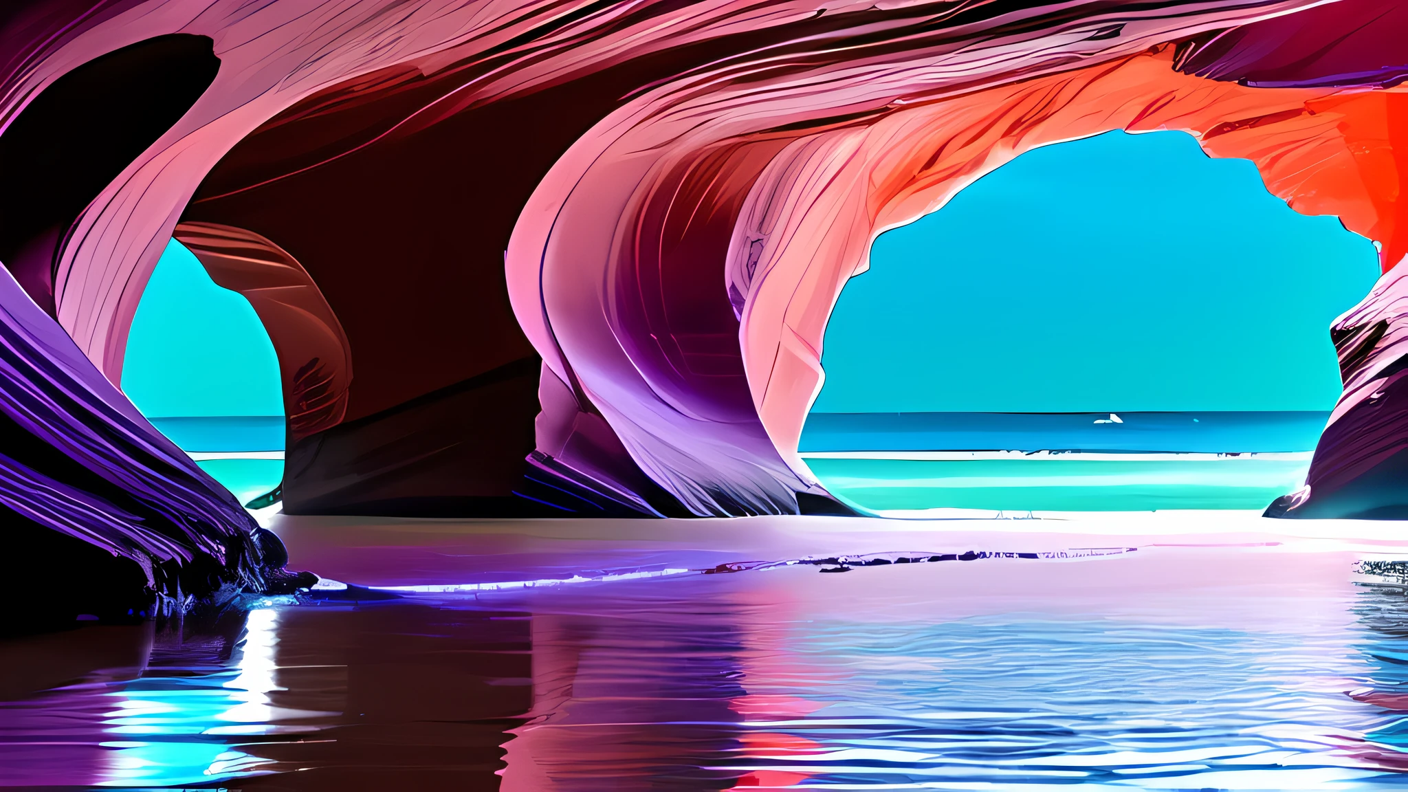 sea beach,Turquoise waters,early evening,dim murky lights,There is no cloud,Pink-purple sky,Antelope Canyon,Some caves,Facing the sea,Very bleak and dull,Real and delicate,the night