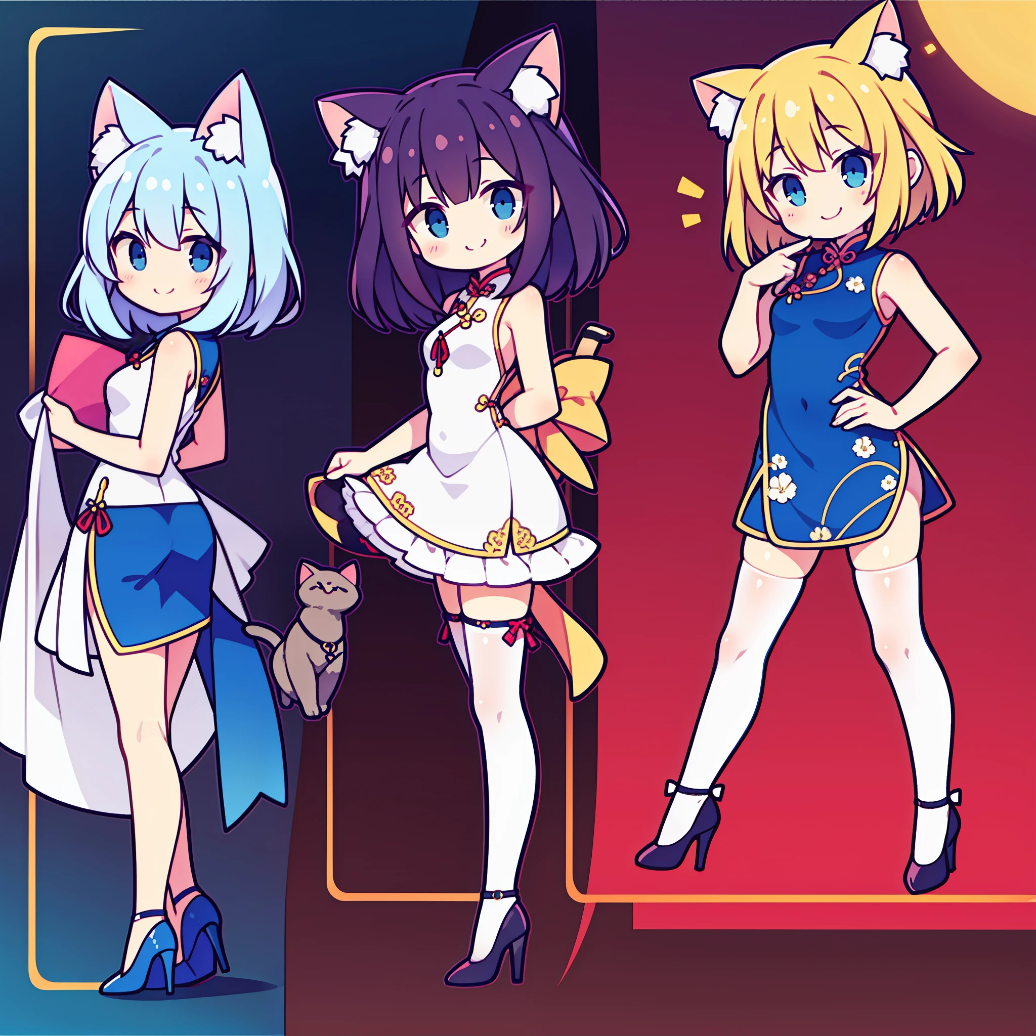Kizi，adorable smile，Cat ears，coda，Medium hair，Blue cheongsam，White stockings，high-heels，tchibi
