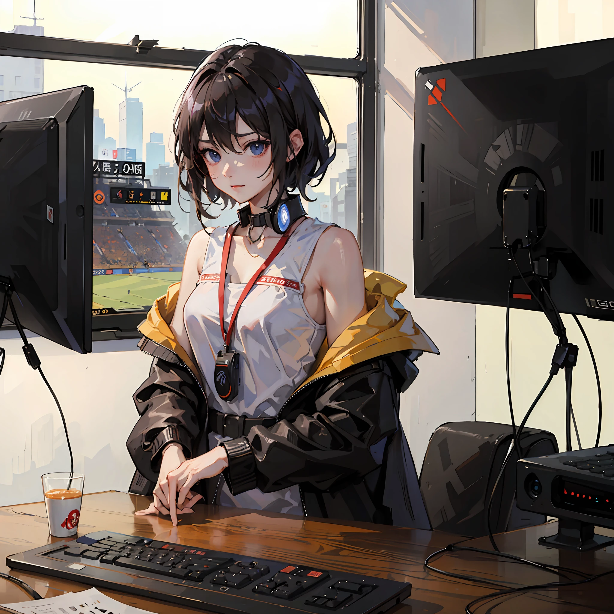 best qualtiy:1.0),(超高分辨率:1.0),animemanga girl,with short black hair,Fuck,Sit in front of the computer and play games,The background is in the esports room, --auto