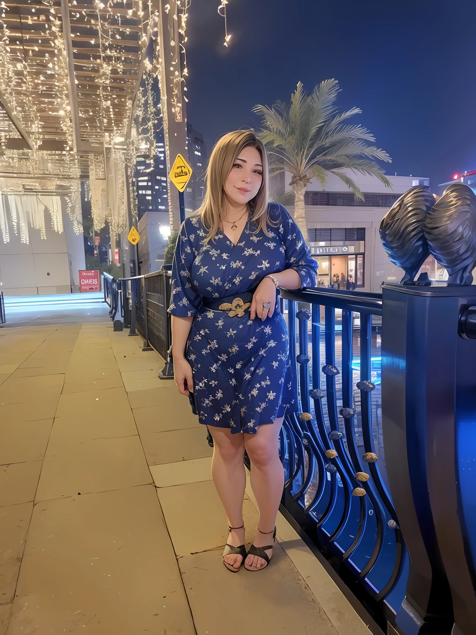 there is a woman standing on a bridge with a cat statue, full body photogenic shot, in night, taken with sigma 2 0 mm f 1. 4, shot on nikon z9, at night time, wearing a blue qipao dress, shot with sigma f/ 4.2, shot with sigma f / 4. 2, photo taken at night