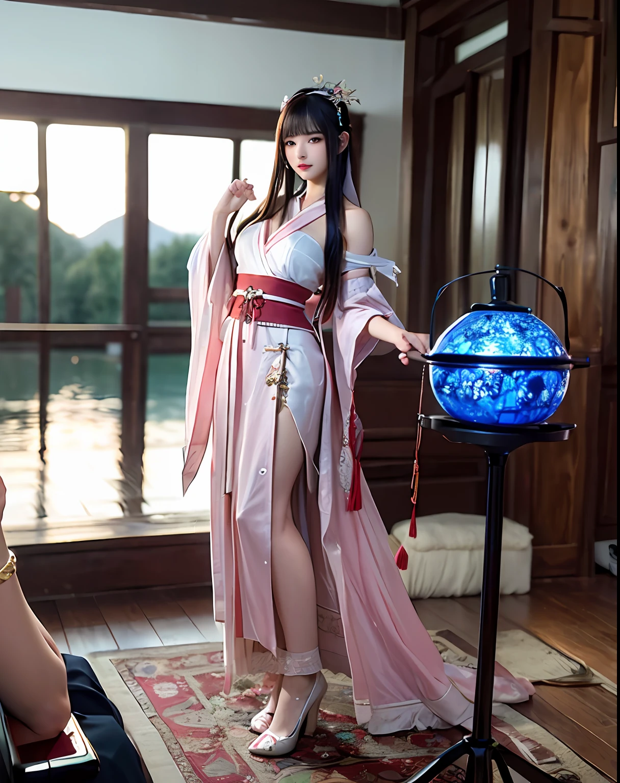 (masterpiece, best quality, beautiful portrait:1.4) of a stunning 25yo chinese 1girl, (full body view:1.6), (seductive pose:1.2), breasts:1.2, (armpits focus:1.1), solo, long black hair, sidebangs, bare shoulders, (perfect face, perfect eyes, insanely beautiful face:1.3), happy smile, hanfu, (looking at viewer:1.6), poor depressing village and lake in background, colorful, highly detailed, ultra realistic, deep field of depth, (sharp focus:1.6), insanely intricate, 8k