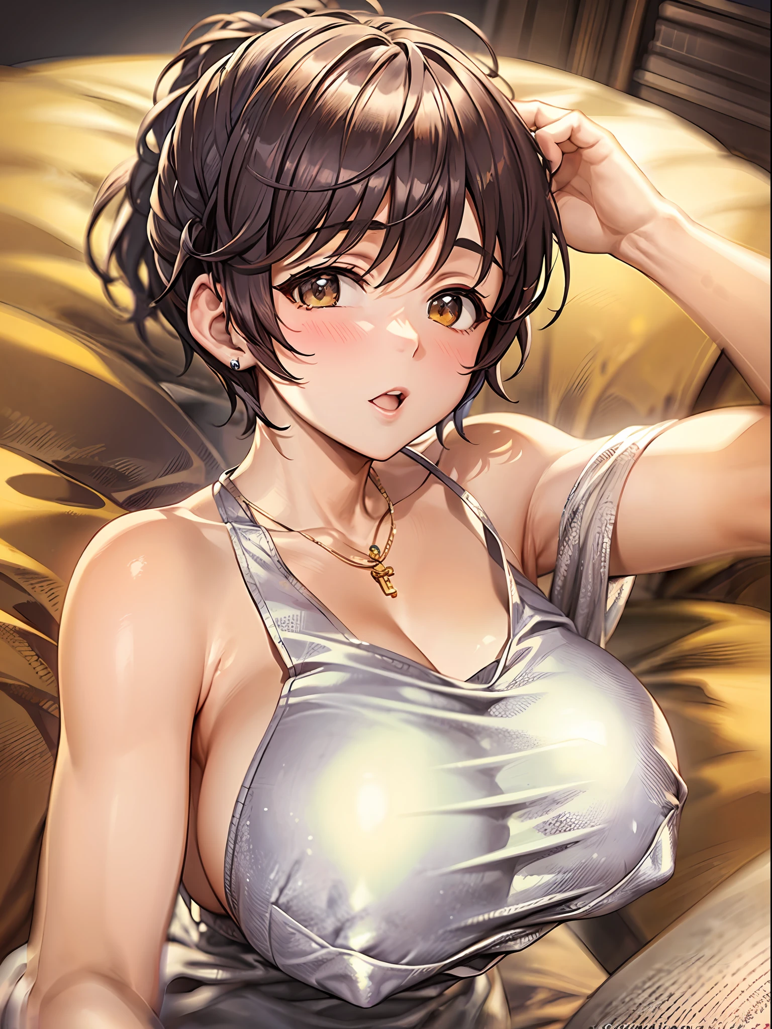 (tmasterpiece)), ((best qualtiy)), (ultra - detailed), ((kawaii)), adolable, (adolable), ((The is very detailed)), 4K, (8K), best qualtiy, (big breasts beautiful), (World-class quality))), The is very detailed, A high resolution, (Detailed shadow beautiful face), full bodyesbian, age uncensored, 独奏, (((gigantic cleavage breasts))), ((Sagging breasts))), glistning skin, On the back, on top of the bed, Armpits, Luxury wheel clothing, silvercleavage dress, oikawa shizuku, ahegao,Pull down the top