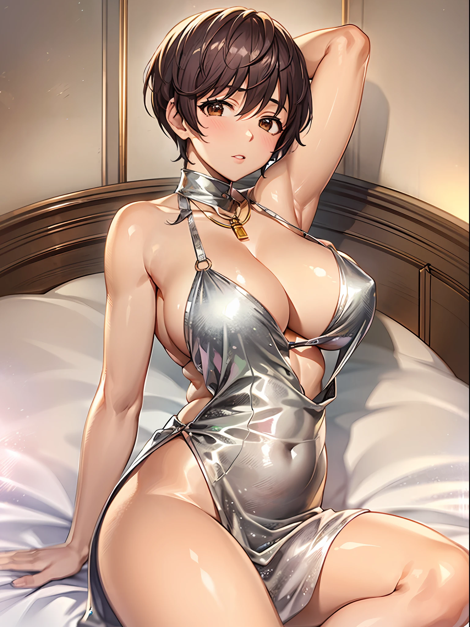 （tmasterpiece））， （（best qualtiy））， （ultra - detailed）， （（kawaii））， adolable， （adolable）， （（The is very detailed））， 4K， （8K）， best qualtiy， （big breasts beautiful）， （World-class quality）））， The is very detailed， A high resolution， （Detailed shadow beautiful face）， full bodyesbian， Teenage uncensored， 独奏， （（（gigantic cleavage breasts）））， （（Sagging breasts）））， glistning skin， On the back， on top of the bed， Armpits， Luxury wheel clothing， silvercleavage dress， oikawa shizuku， ahegao，Pull down the top