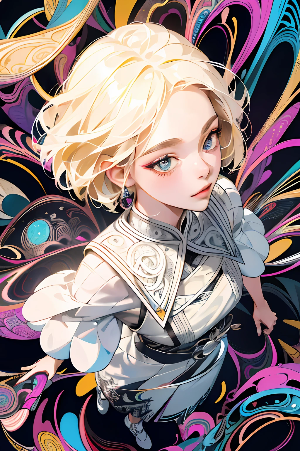absurdres, highres, ultra detailed, 1girl, solo, extremely detailed eyes, Ultra-precise depiction, Ultra-detailed depiction, (zentangle:1.2), (dynamic pose), (abstract background:1.5), (treditional dress:1.2), short platinum blonde, (shiny skin), many colors, upper body, (from above)