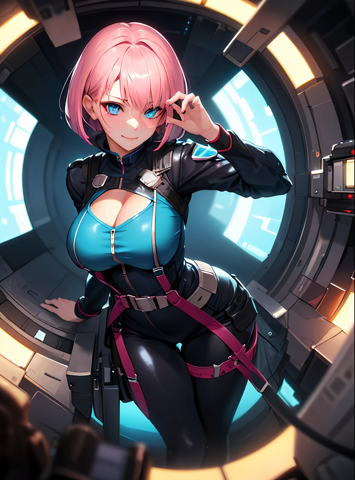SFW (masterpiece, best quality,4k) a youthful adult woman with short pastel pink hair (short hair, loose, straight bob, long bangs), turquoise eyes, (sexy face), porcelain skin, aboard a spaceship, space, stars, futuristic clothes, (sci-fi robes, loose robes, stylish robes), (tight bodysuit under clothes, cleavage cutout), (belts, pouches, harness), rogue, scout, mage, ranger, ((huge breasts)), ((slim)), small smile, head-to-waist portrait, cinematics, color oil painting, cinematic lighting, extremely detailed face, finely detailed face, beautiful face, beautiful eyes, perfect lighting, depth of field, (realistic proportions), (good anatomy), (solo), (1girl)