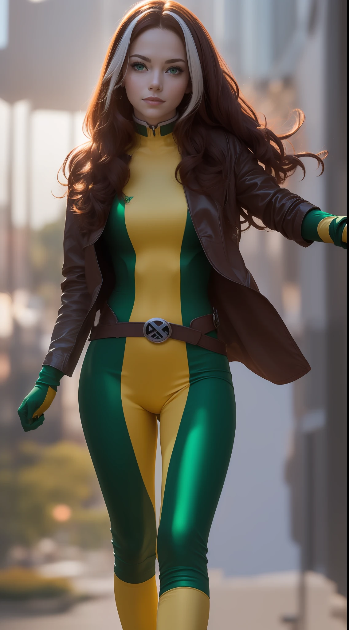 Emma Stone, white locks in hair, beauty, Rogue cosplay (X-Men), ((Rogue X-men), Rogue X-men, white lock in hair, brown hair, green and yellow clothing, Yellow color in the middle of vertical clothing, brown jacket, green band on forehead, a belt with an X in the middle, flying, An X of X-men on the chest, wind effect,  full body photo, prominent figure, night, photo (Masterpiece) (Best quality) (Detail) (8K) (HD) (Wallpaper) (cinematic lightining) (Crisp focus) (Intricate), sexy, rain, wet, rays, best quality, Ultra high resolution, photorealistic, full body portrait, incredibly beautiful, dynamic poses, detailed skin texture, highly detailed skin, detailed face, beautiful legs, big chests, powerful