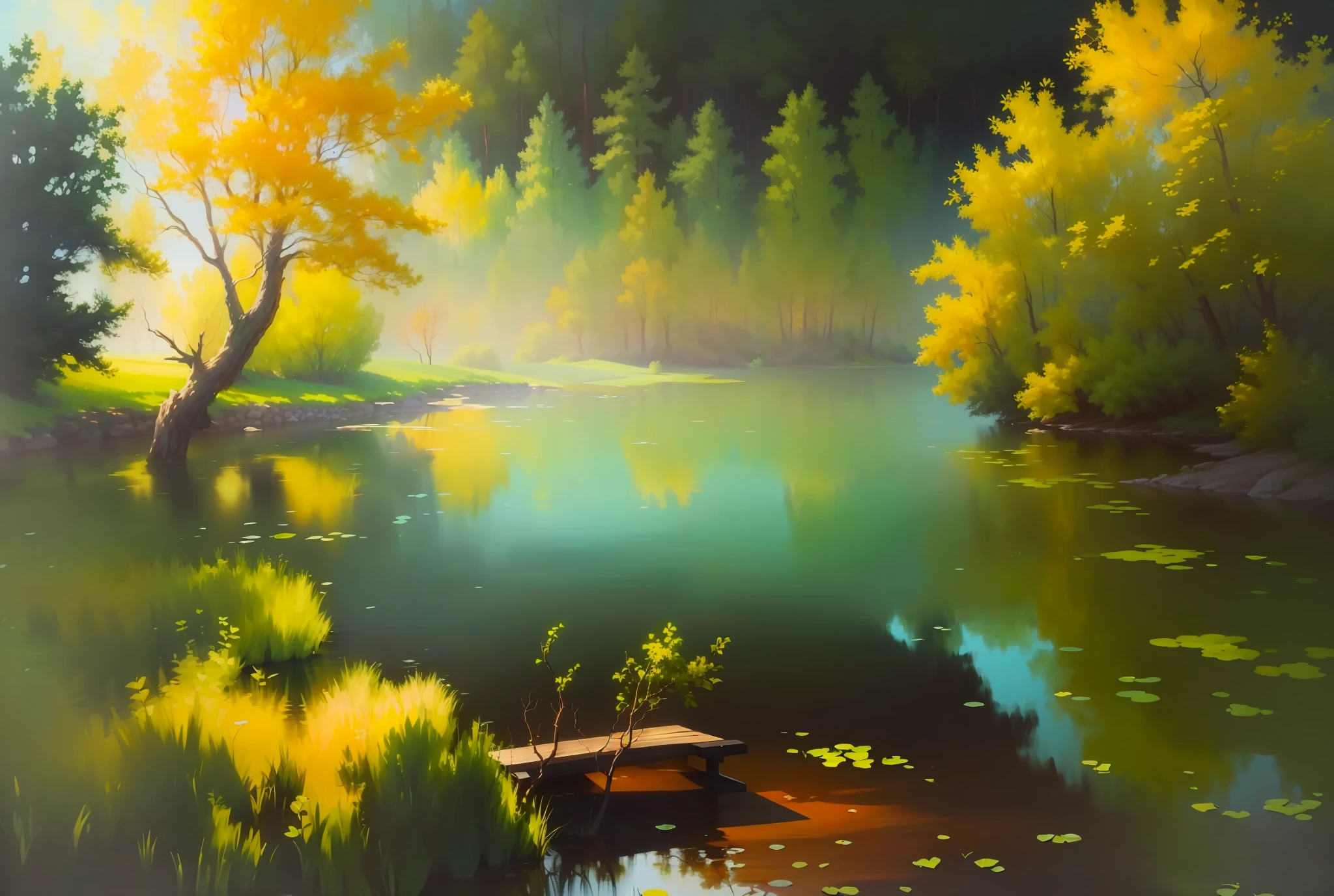 painting of a lake with a bench and trees in the background, smooth oil painting, tranquil scene, beautiful oil matte painting, in a serene landscape, oil painting. hd, peaceful landscape, pond landscape, nature painting, romantic landscape, [ oil painting ]!!, beautiful oil painting, a beautiful painting, beautiful painting, oil painting photo real, oil paining