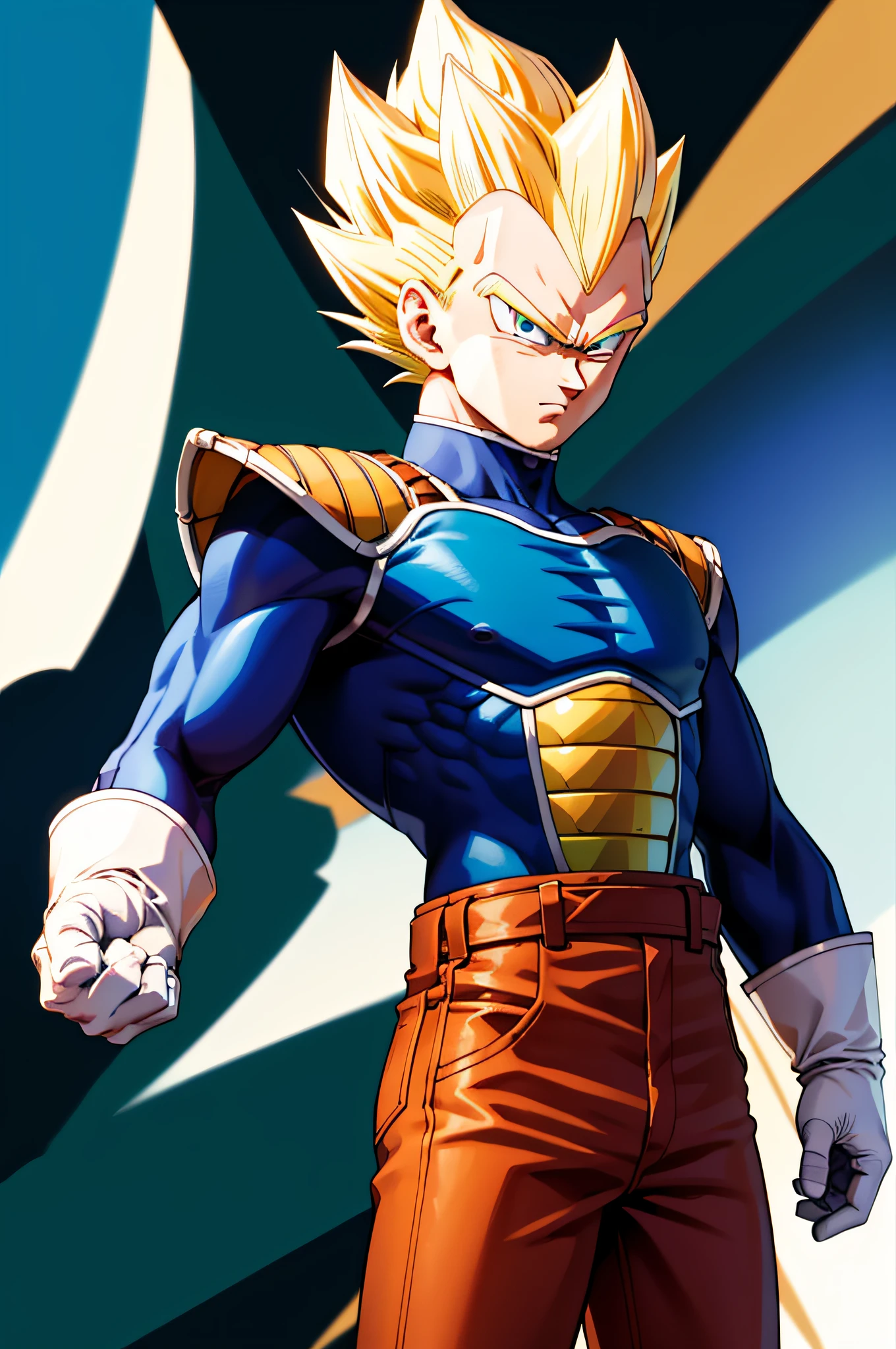 (masterpiece, best quality: 1.2), cowboy shot, solo, male focus, 1boy, vegeta, serious, looking at the viewer, spiked blonde hair, green eyes, armor, white gloves