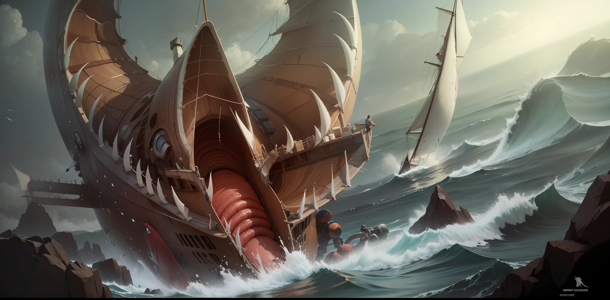 4k, realista, muito detalhado, monstro gigante dentro do mar, com boca circular cheia de dentes, sailing boat near it, quase sendo engolido
