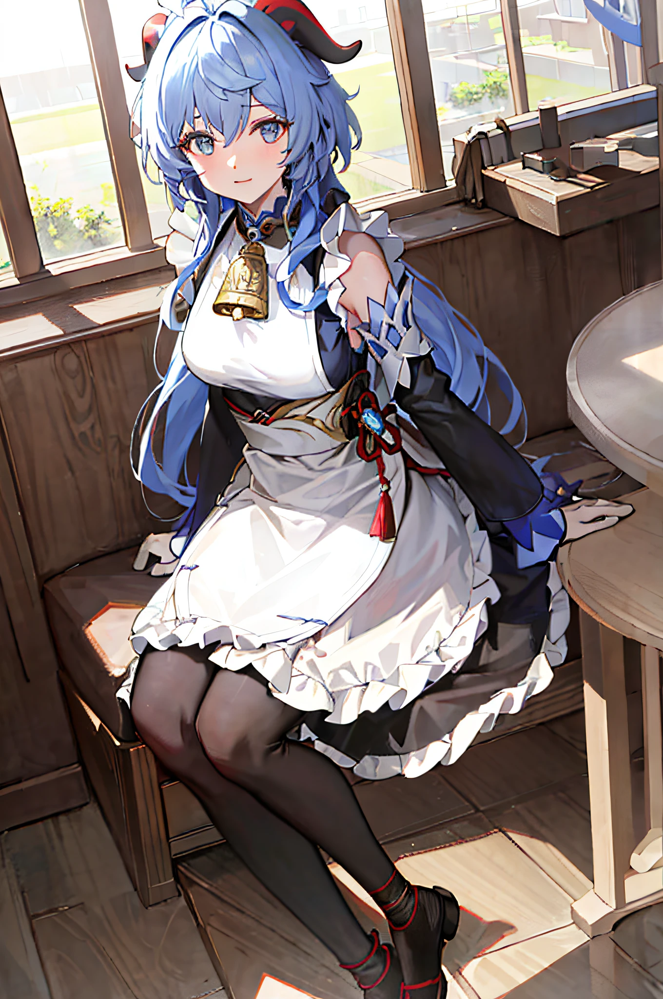 (photorealistic:1.4), (masterpiece, sidelighting, finely detailed beautiful eyes: 1.2), masterpiece*portrait, realistic, 3d face, ganyu \(genshin impact\), 1girl, ahoge, architecture, By bangs,Bare shoulders,Bell,black glove,Black tights,(blue hair),Blushlush,Beautiful breasts,Chinese knot,the sleeve,flower knot,mitts,cow horn,long whitr hair,Look at the audience,middlebreast,Neckbells,the maid outfit,Maid costume