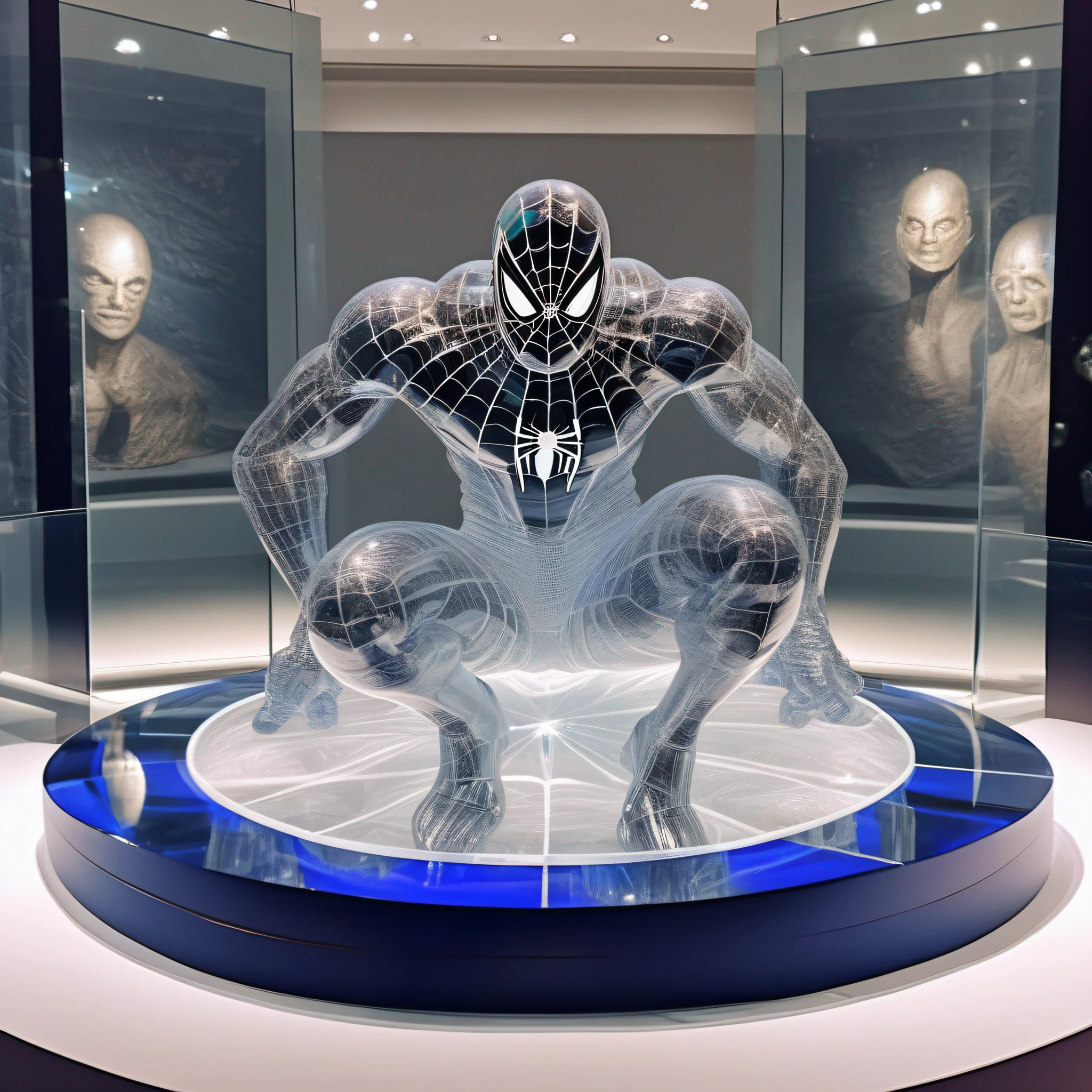 foto do instagram, Spider-Man statue in the (((cristal transparent))), wide angle, hiper detalhado, olhos de cristal, Studio photo, feito de (((cristal transparente))) ornamentado, on an exhibition altar, fundo do museu