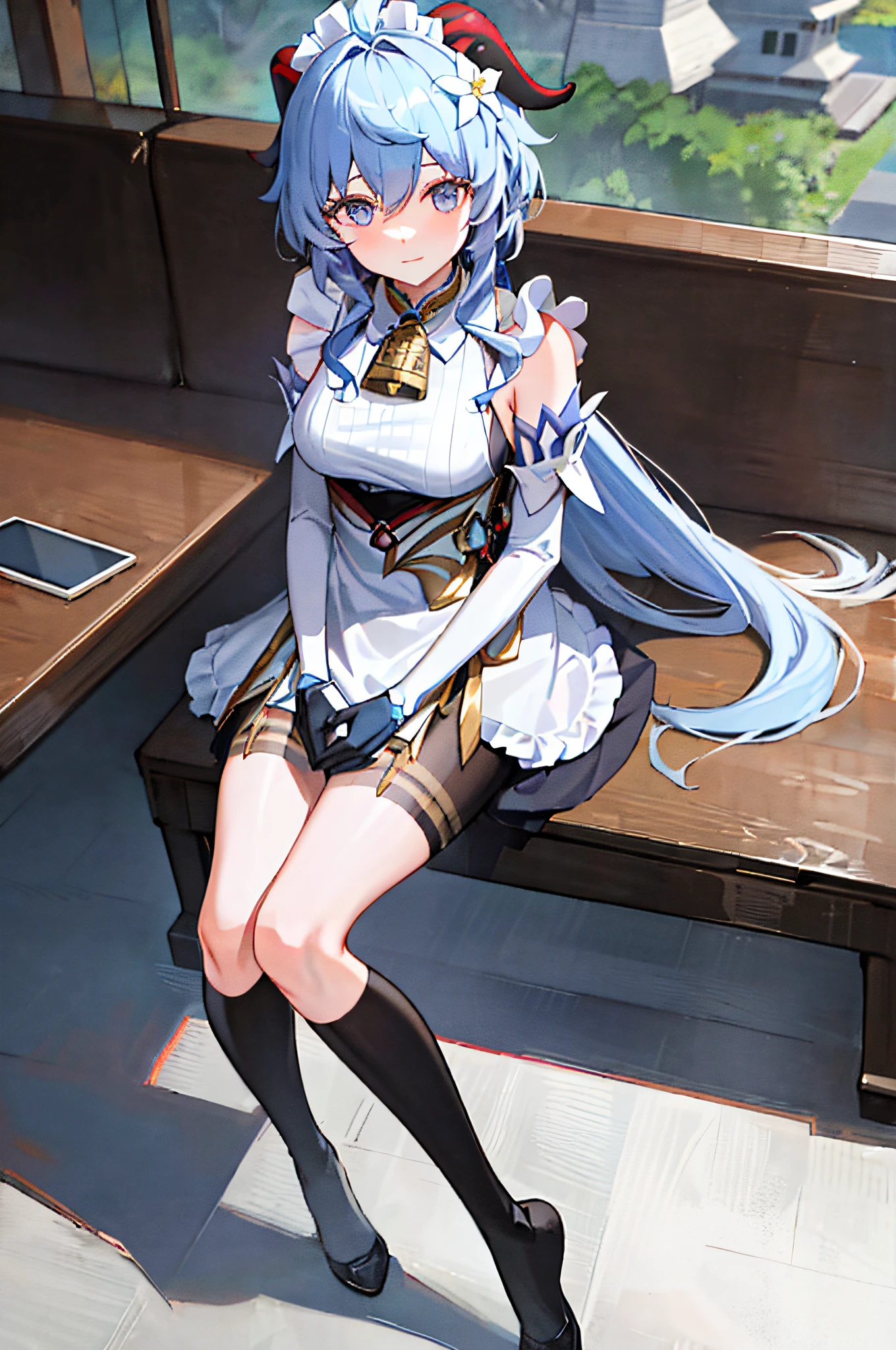 (photorealistic:1.4), (masterpiece, sidelighting, finely detailed beautiful eyes: 1.2), masterpiece*portrait, realistic, 3d face, ganyu \(genshin impact\), 1girl, ahoge, architecture, By bangs,Bare shoulders,Bell,black glove,Black tights,(blue hair),Blushlush,Beautiful breasts,Chinese knot,the sleeve,flower knot,mitts,cow horn,long whitr hair,Look at the audience,middlebreast,Neckbells,the maid outfit,Maid costume