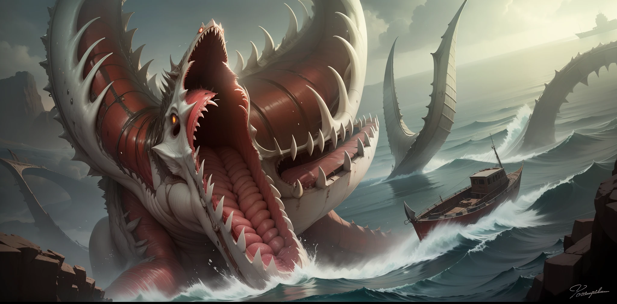 4k, realistic, very detailed, giant monster inside the sea, with circular mouth full of teeth, boat next to it