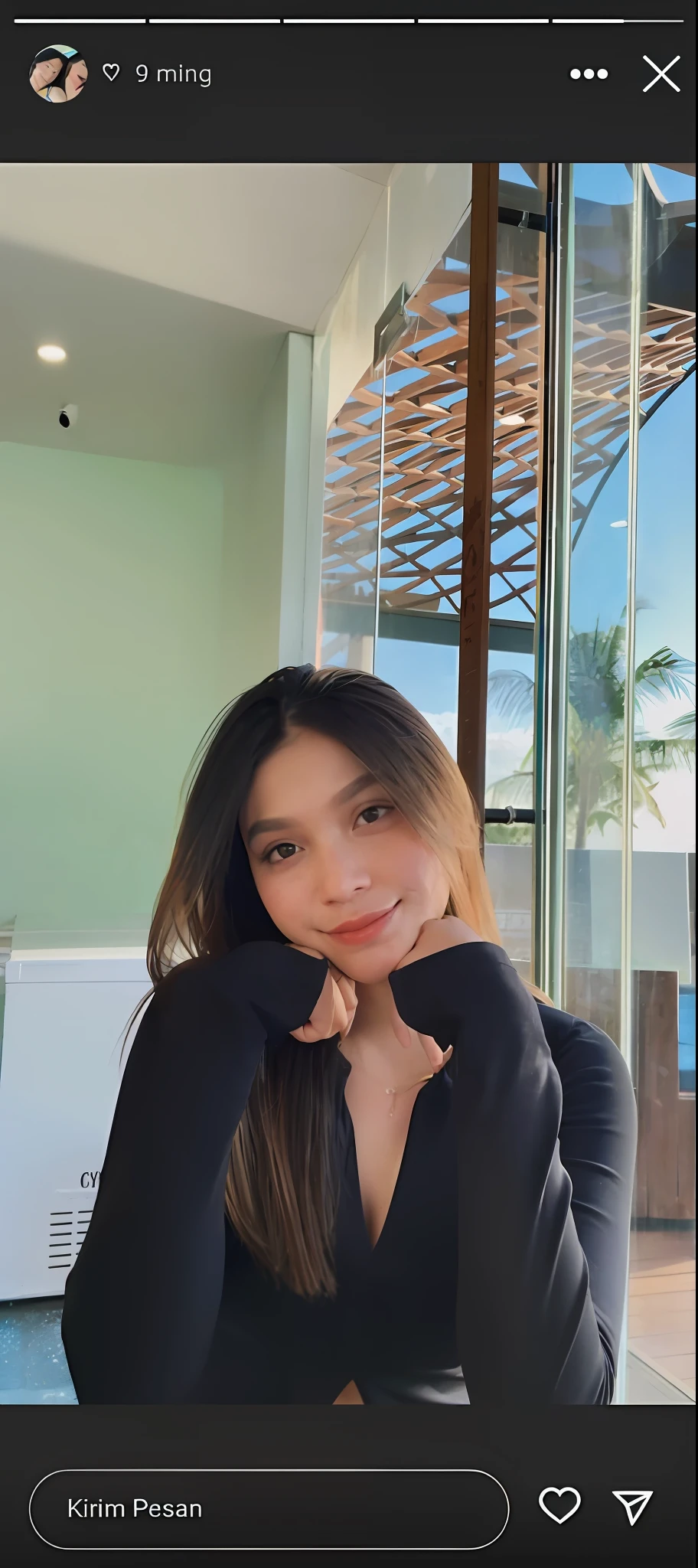 a close up of a woman in a black top posing for a picture, cindy avelino, with backdrop of natural light, pokimane, leaked image, fanart, headshot profile picture, nivanh chanthara, very very low quality picture, nice afternoon lighting, with the sun shining on it, leaked photo, profile image, with long hair