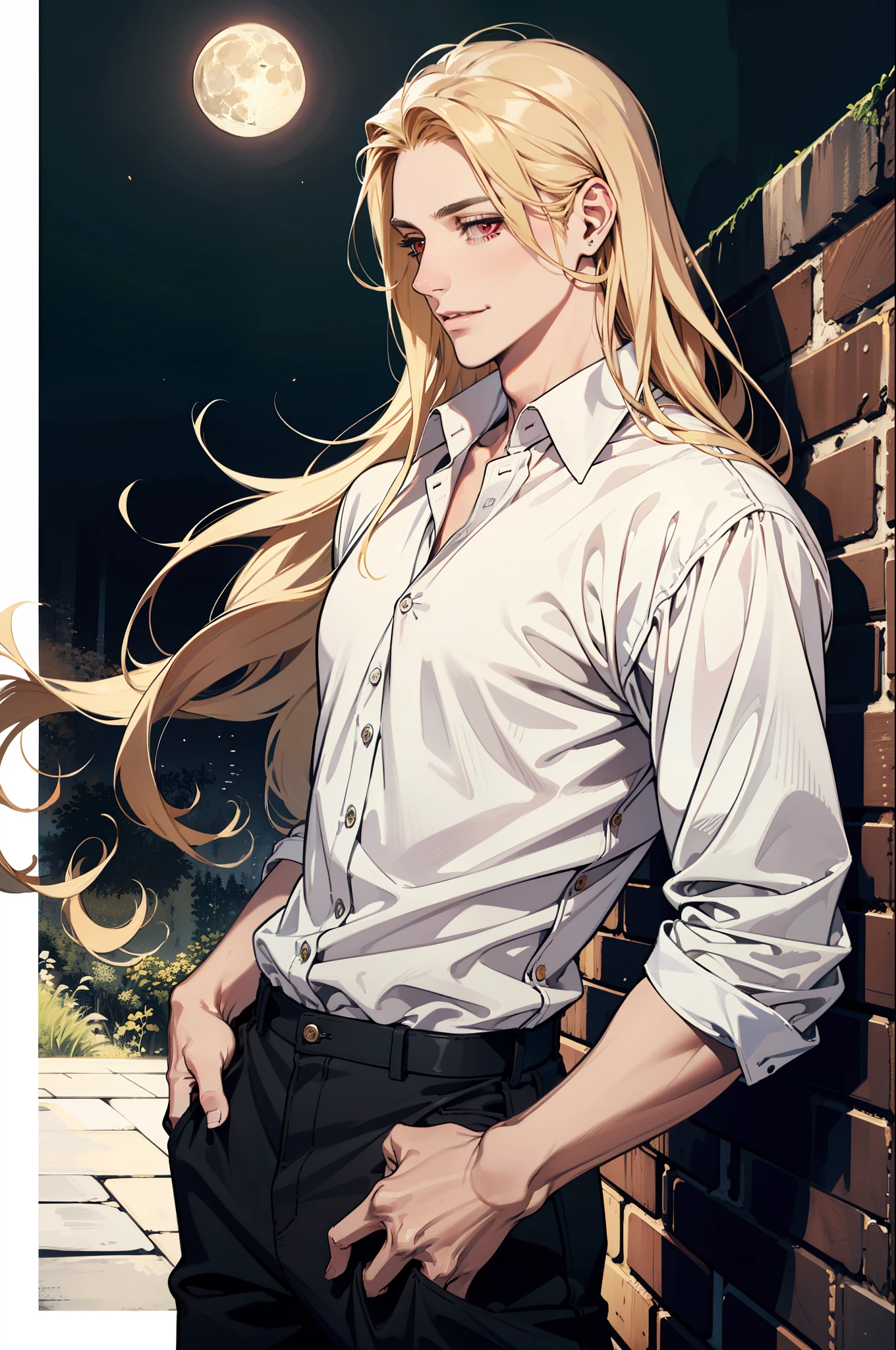 (absurdres, highres, ultra detailed), 1man, 30 years old man, adult man, handsome, tall,, finely detailed eyes and detailed face, leather pants, (((white shirt))), night, smile, dutch angle, ((long hair, blonde hair)), moon, gold details, gothic, vampire, vampire prince, dark, simple clothes, looking at the view, pale skin, red detailed eyes, (masculine), sexy, elegant, long bangs, detailed hands, (((red eyes)))