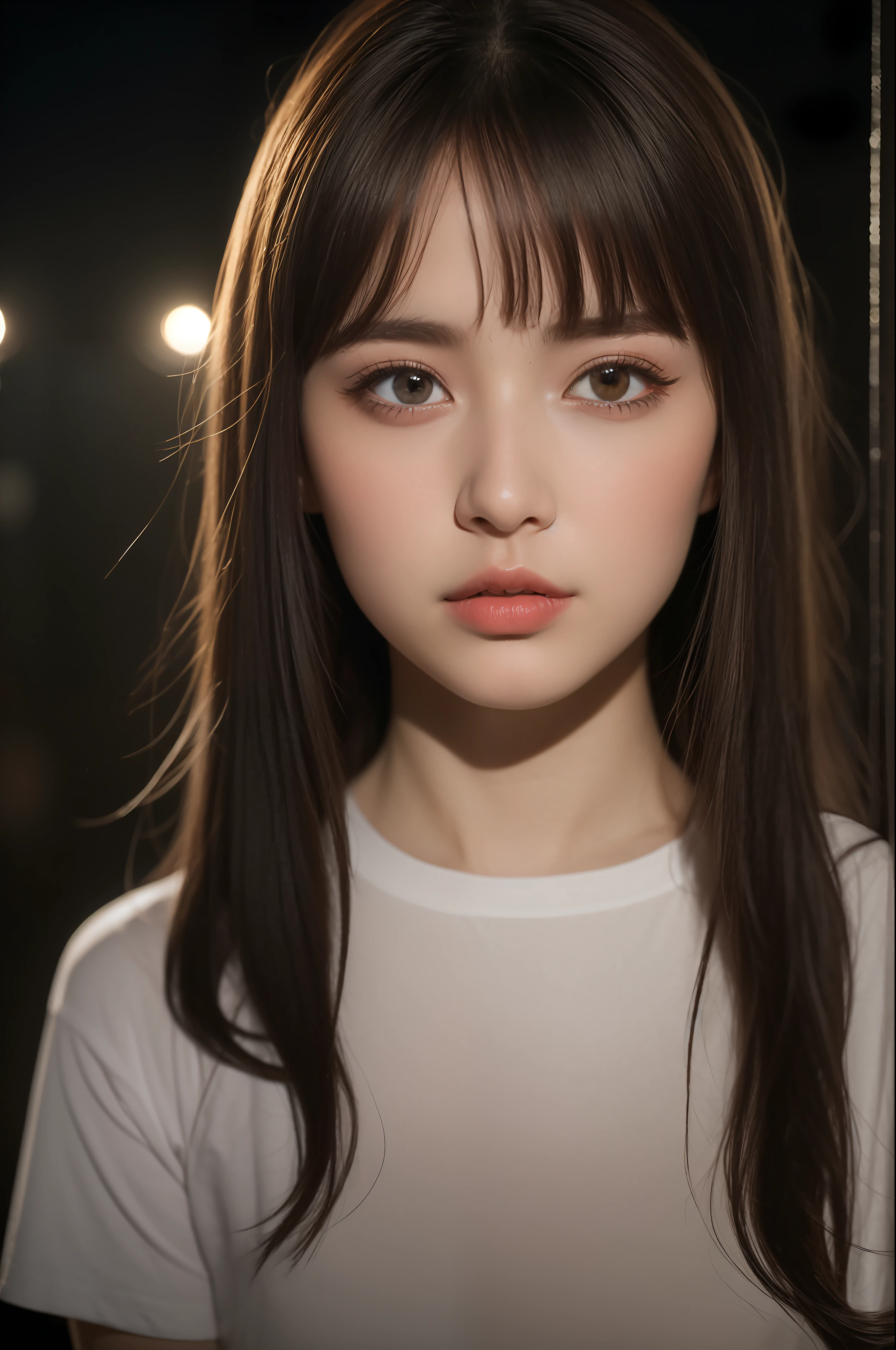 ((Night scene, Best Quality, 8K, Masterpiece: 1.3)), Focus: 1.2, Bokeh mode, ((Sensor-shift OIS)), Perfect Body Beauty: 1.4, (Dark brown hair), (Dark Street, Alone: 1.1), (Pink viscose tshirt, Tights short), Natural(Big breasts: 1.2), [Peach]Blossom eyes, Highly Detailed Face and Skin Texture, Full Body, Delicate Eyes, Double Eyelids