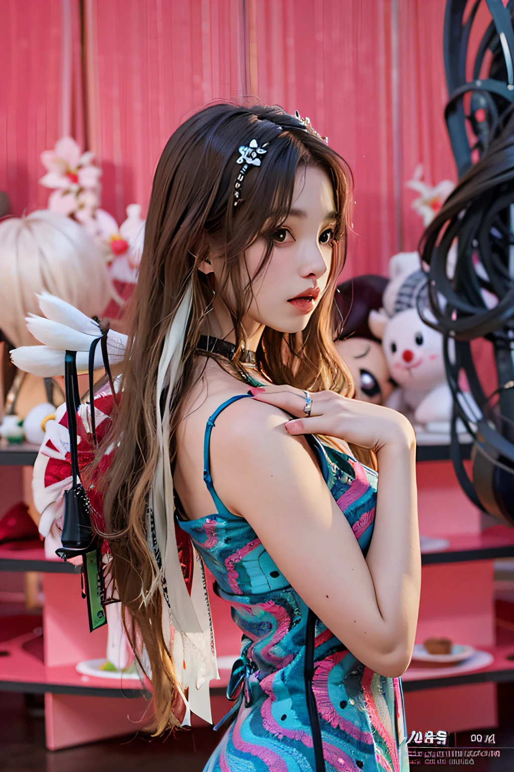 araffe girl in a blue dress posing in a pink room, jossi of blackpink, roseanne park of blackpink, portrait of jossi of blackpink, jia, krystal, blackpink jennie, jisoo of blackpink, jisoo from blackpink, portrait jisoo blackpink, ji-min, park ji-min, taejune kim, jinyoung shin, sha xi, heonhwa choe, masterpiece, 8k, cleavage, big boobs, bust detail, hair detail, eye detail
