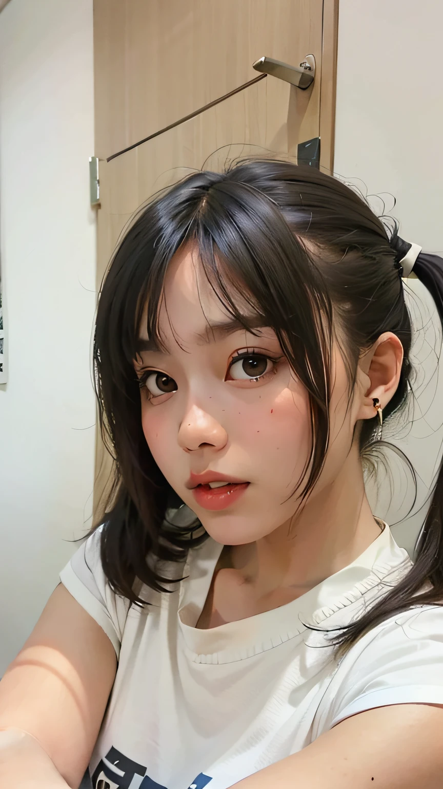 there is a young girl with a ponytail sitting in a chair, young cute wan asian face, ruan cute vtuber, anime thai girl, girl cute-fine-face, young and cute girl, young cute face, south east asian with round face, headshot profile picture, with round cheeks, with round face, clear cute face, sakimi chan, masterpiece, 8k, cleavage, big boobs, bust detail, hair detail, eye detail