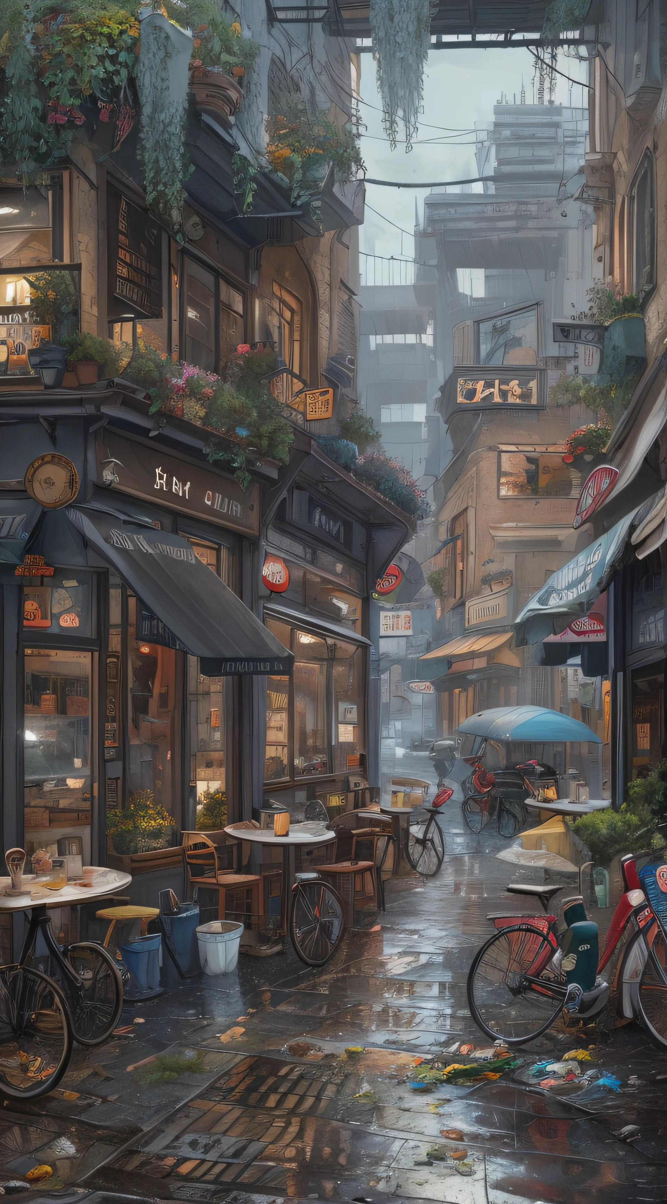 (masterpiece, best quality), Photo if a cafe ,wet Street, buildings,busy street , cycle, trash been, nostalgia, ultra quality, hyper detailed