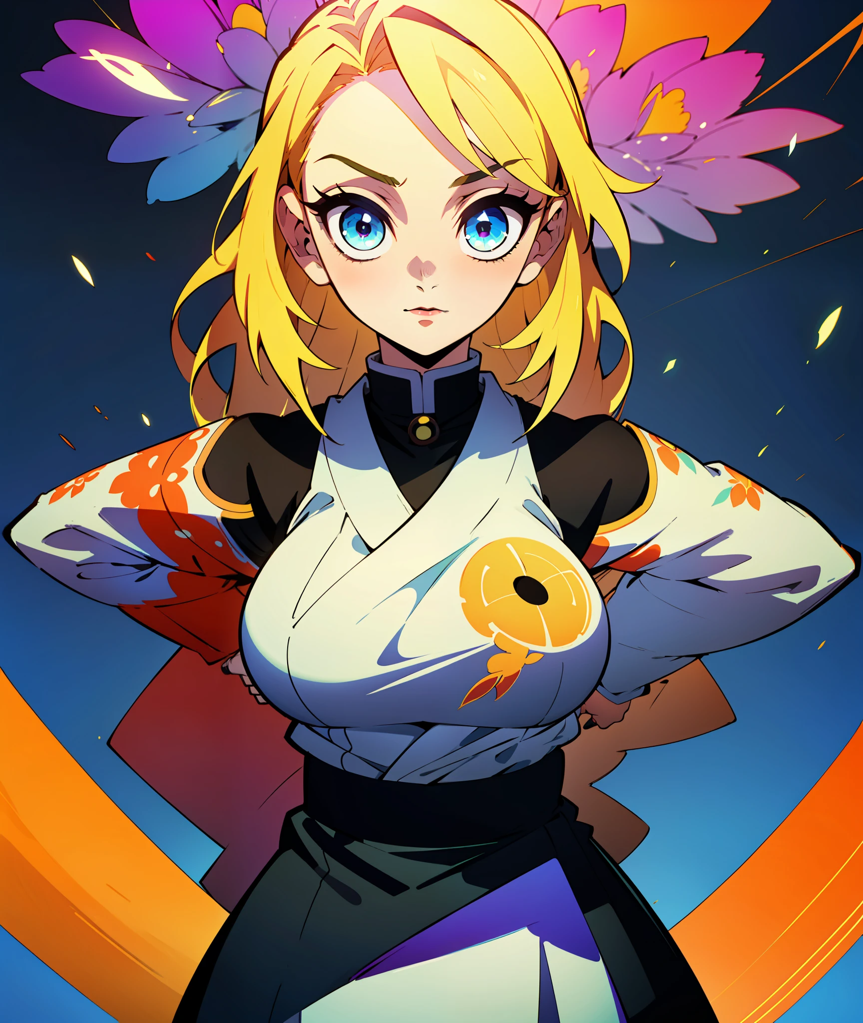 background, mixed-language_text, Japanese letters in graffit, girls, long blonde hair, excellent lighting, sidelighting, perfect ultimate (flat color: 1.3), (magazine_cover: 1.4), (multicolored_background: 1.3), striped_background, card_background, :: discs with sharp and shiny blades in the hand :: circular pieces of white metals glued to the ultra detailed arms coming out sparkling glow, black star design stamped in the middle of the shirt , perfect and detailed, ultra detailed shirt with abstract design and with Japanese letter print in graffiti on the sides of the clothes, image of girls with big breast, on top of a futuristic motorcycle, with immersive effects, hover effect, background graffiti style tribal tattoo with flowers and vibrant colors, "ultra HDR" detailed and with focus effect, (masterpiece: 1.2, best quality), (beautiful eyes with huge eyelashes finely detailed: 1.2), , ((Solo)), (Finely detailed eyes and detailed face :1.3), in various full-body attack poses, (cute background: 1.2),futuristic costume, super detailed circular metals Grabbed on arms and pants, fantastic paintings