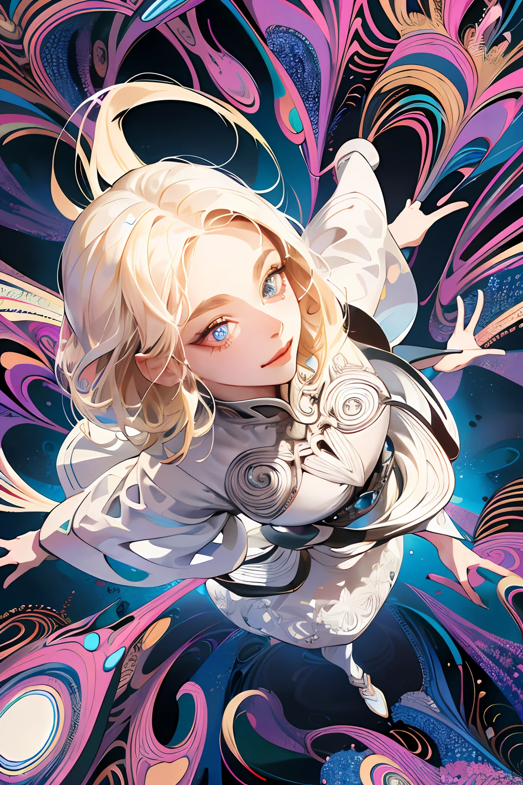 absurdres, highres, ultra detailed, 1girl, solo, extremely detailed eyes, Ultra-precise depiction, Ultra-detailed depiction, (zentangle:1.2), (dynamic pose), (abstract background:1.5), (treditional dress:1.2), short platinum blonde, (shiny skin), many colors, upper body, (from above)
