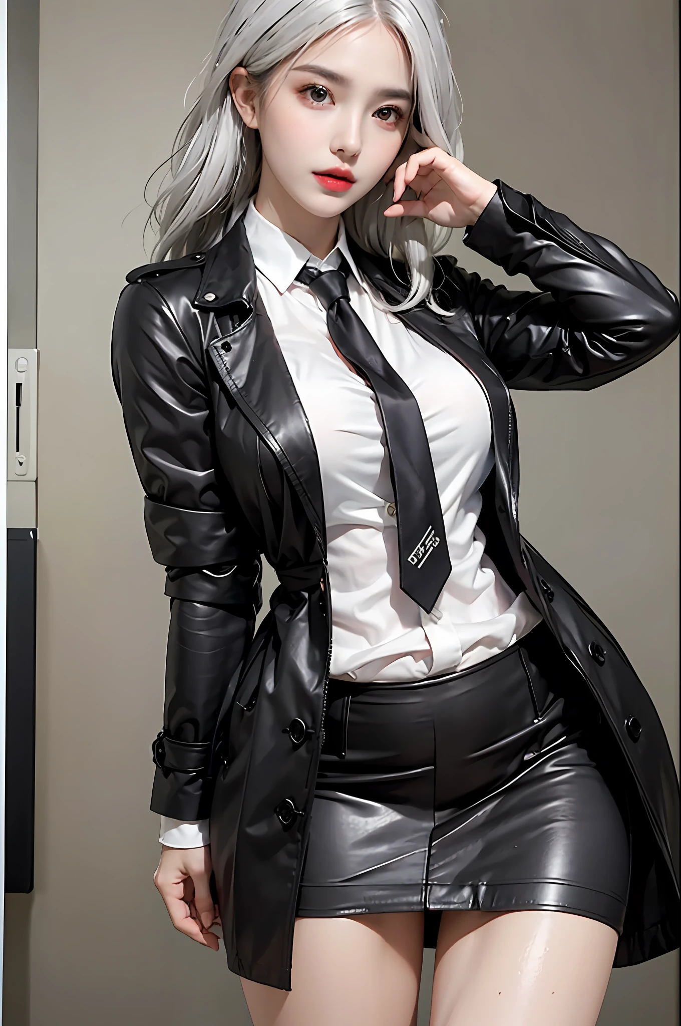photorealistic, high resolution, 1 girl, hips up, beautiful eyes, white hair, ringed eyes, collared shirt,black necktie,black skirt, pencil skirt, trench coat