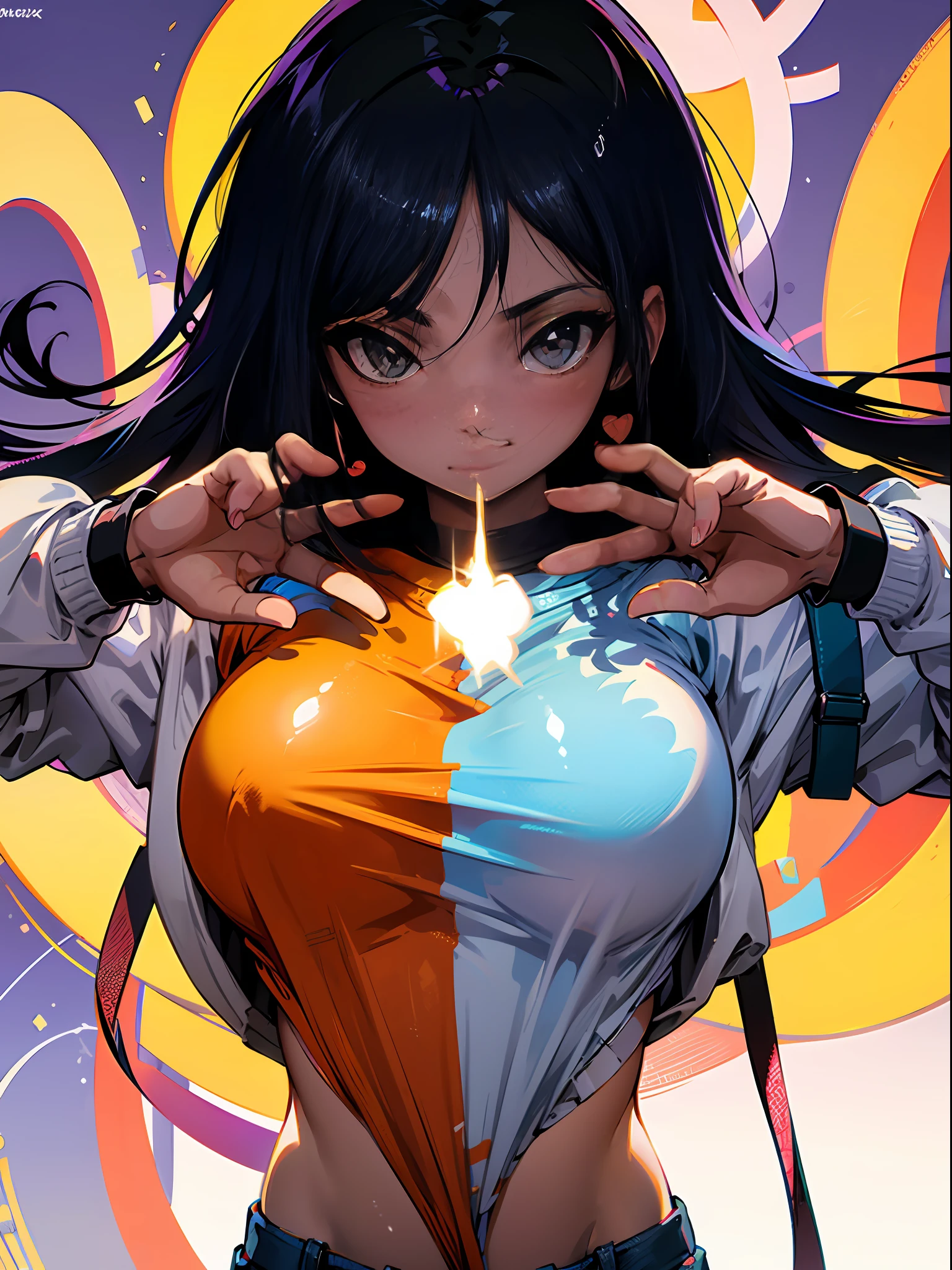 Background Story, Misto-idioma_Texto, letras japonesas em graffit , Ashley Alexiss Linda , longos cabelos negros, Excellent lighting, side-lighting, perfeito ultimate (flat heart: 1.3), (revista_cobrir: 1.4), (multicolorido_Background Story: 1.3), listrado_Background Story, card_Background Story, :: Discs with sharpening, shiny blades in hand :: circular pieces of white metals glued to the ultra detailed arms coming out of shimmering glow, desenho de estrela negra estampada no meio da camisa , corpo escultural perfeita e detalhada, camisa ultra detalhado com desenho abstrato e com estampa de letras japonesas em grafit dos lados da roupa, worn jeans, peito grande, com efeitos imersivos, efeito pairar, fundo estilo grafite tatuagem tribal com flores e cores vibrantes, "HDR Ultra colors in gradient| | |" detalhadas e com efeito de foco, (obra-prima: 1.2, melhor qualidade), (beautiful eyes with huge finely detailed eyelashes: 1.2), , ((sozinho)), (Olhos finamente detalhados e rosto detalhado :1.3), Perfect hands with 5 fingers and ultra detailed