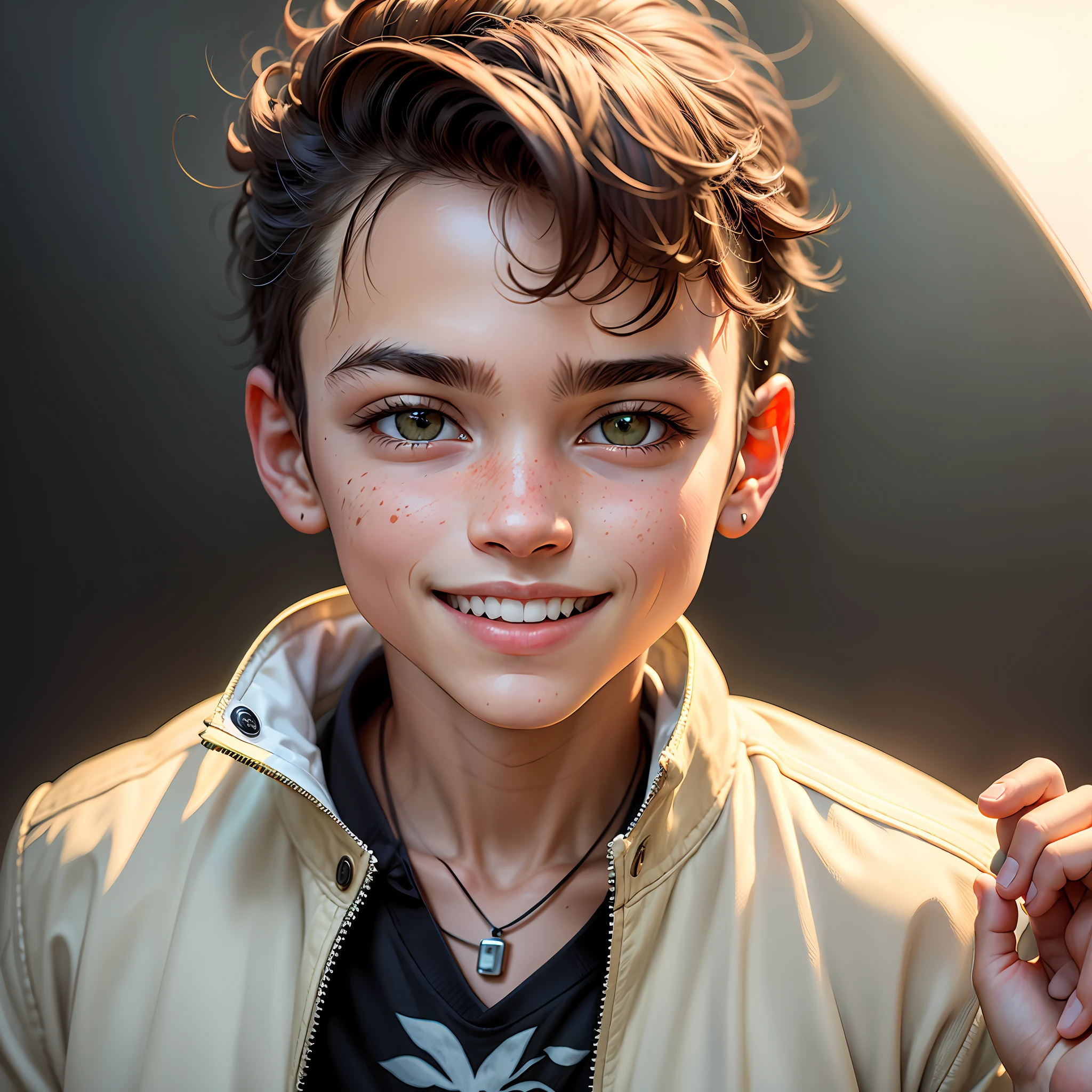retrato, um menino de 13 anos, sorriso assustador, jaqueta de couro, right hand on the nape of the neck, grafite , Dalo Right Lighting --auto