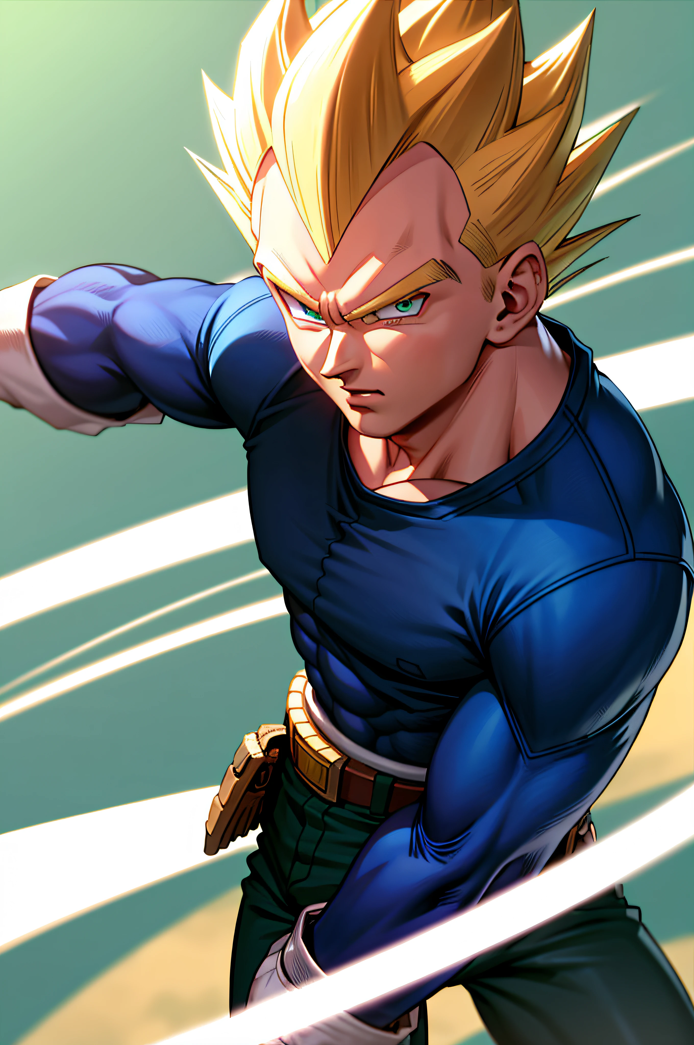 (masterpiece, best quality: 1.2), cowboy shot, solo, male focus, 1boy, vegeta, serious, looking at the viewer, spiked blonde hair, green eyes, armor, white gloves