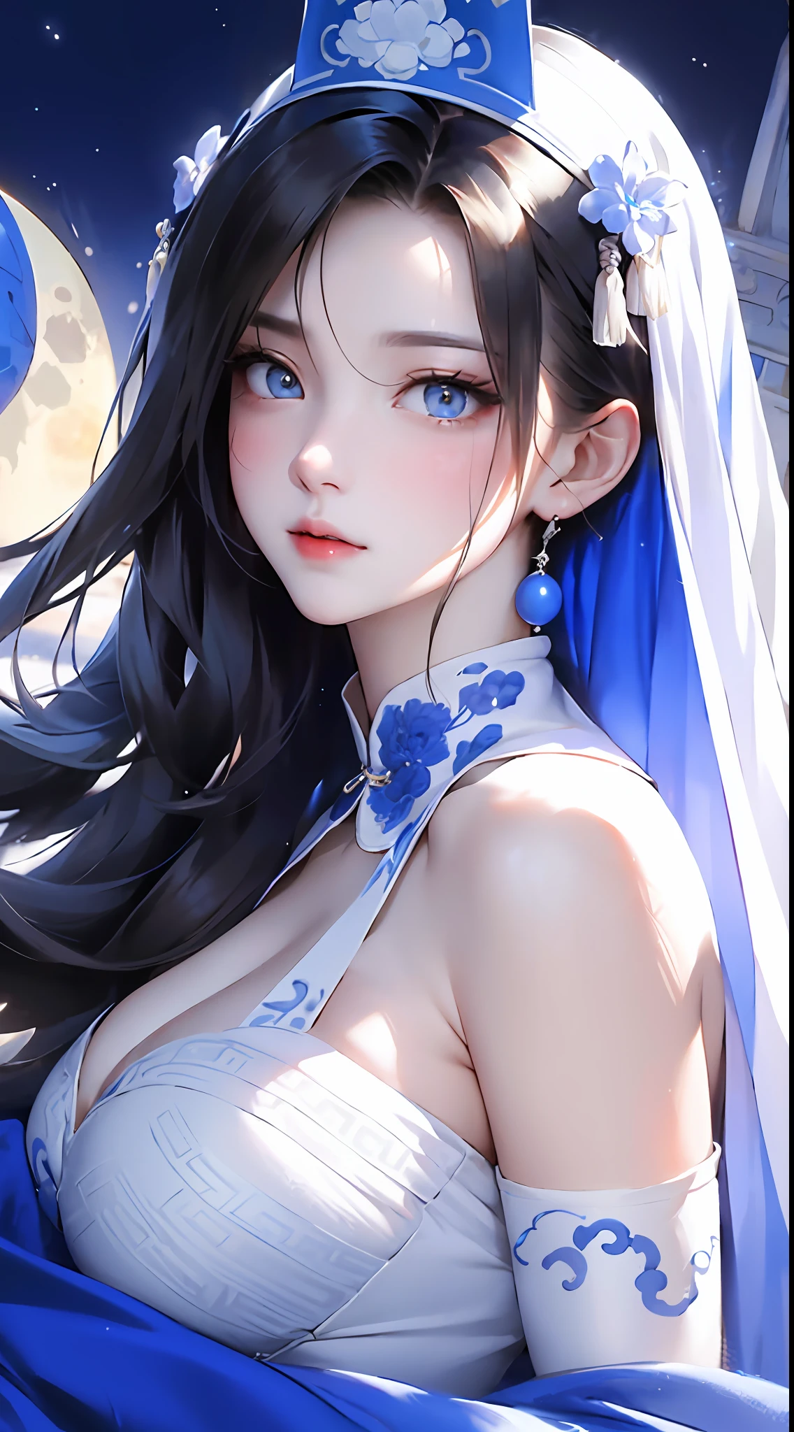 tmasterpiece,best qualtiy,8K,primitive:1.2,realisticlying:1.4,Grotesque,1 Role,y and revealing,Solo,ff Tifa,Most detailed,opens his eyes wide:1.3,eyes reflection:1.5,eyes with brightness:1.5,White skin,(Blue and white ancient Chinese armor,Chinese helmet,Blue and white porcelain),Women's armor,Slim,Thin leg,Moon,Updraft,The upper part of the body,cinmatic lighting,Beautiful ancient Chinese architecture,Chinese style