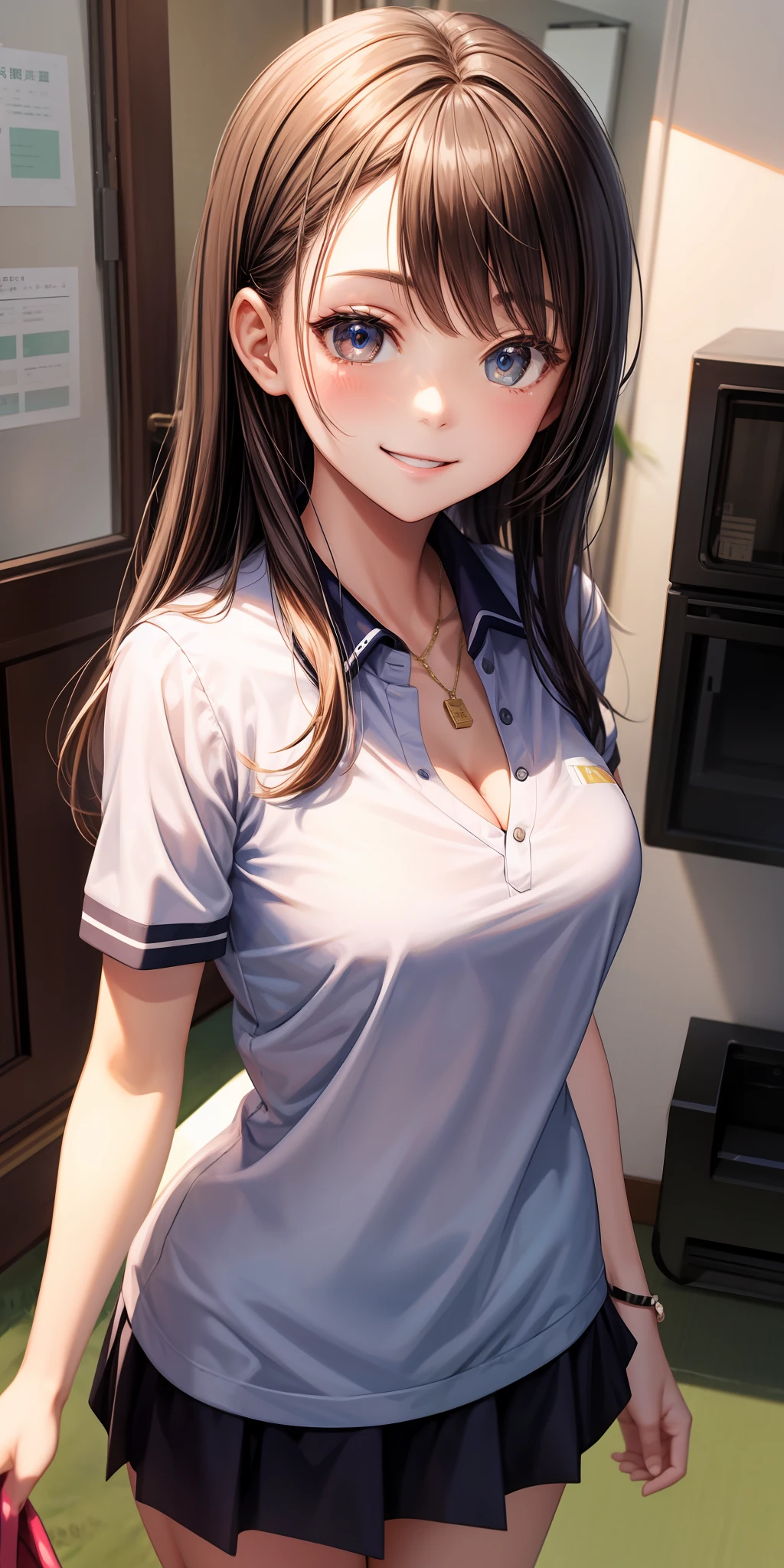 realisticlying、 1 人、selfee、Polo shirt、Wearing a ruffled miniskirt、Cleavage emphasis、Smile、A sexy