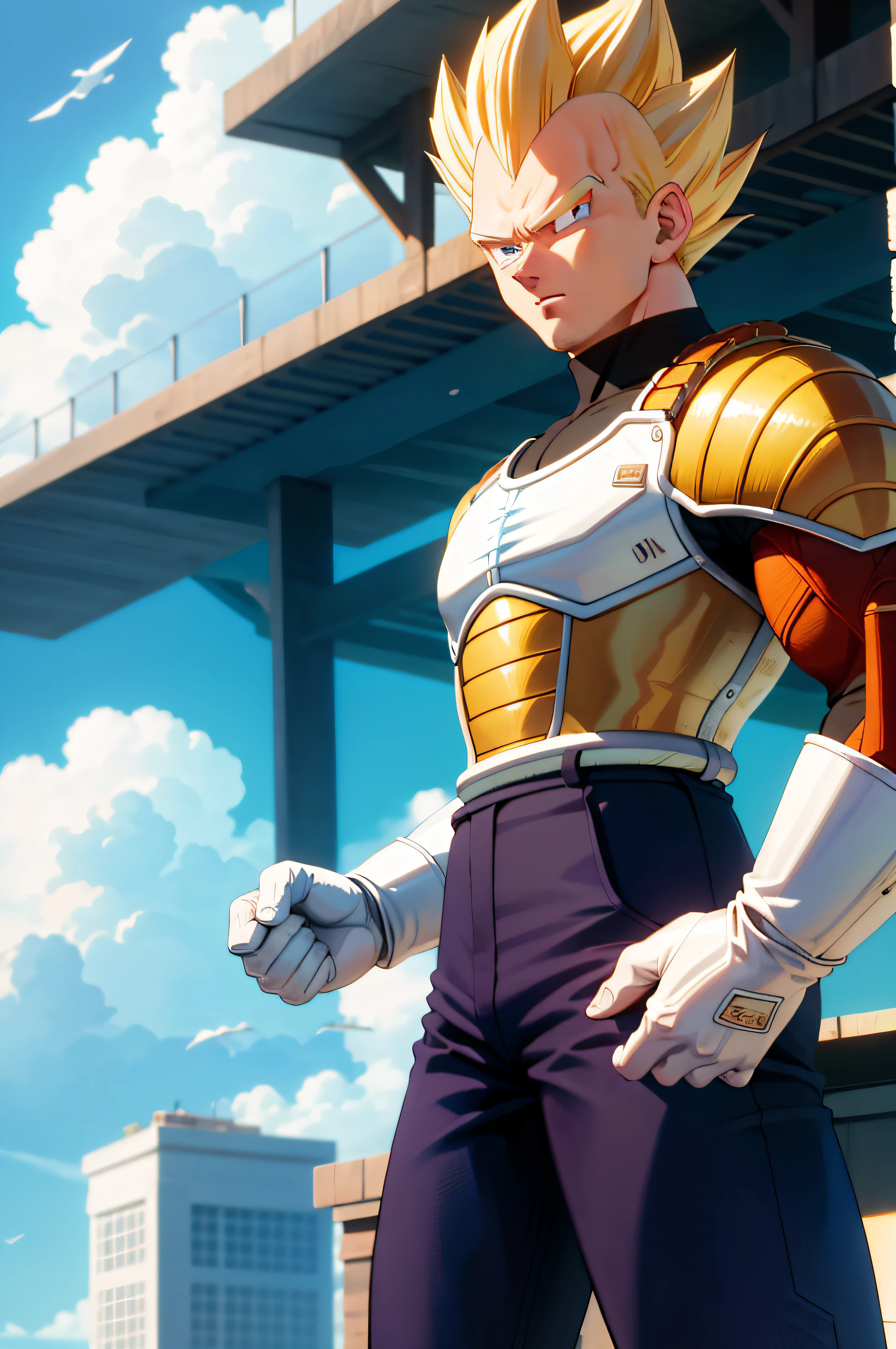 (masterpiece, best quality: 1.2), cowboy shot, solo, male focus, 1boy, vegeta, serious, looking at the viewer, spiked blonde hair, green eyes, armor, white gloves