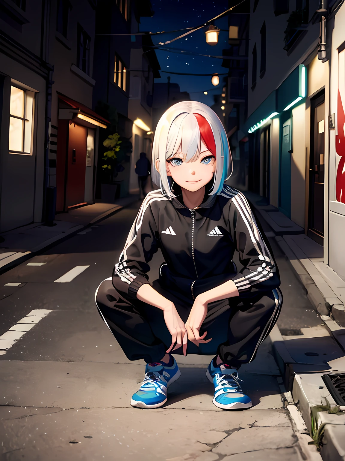 masterpiece, best quality, tadidas, 1 mature female, detailed eyes, smirk, bob cut, multicolored hair, adidas tracking suit, looking at viewer, squatting, wall, graffiti, side street, night, neonlights