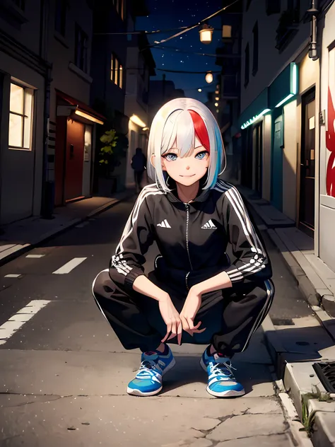 masterpiece, best quality, tadidas, 1 mature female, detailed eyes, smirk, bob cut, multicolored hair, adidas tracking suit, loo...