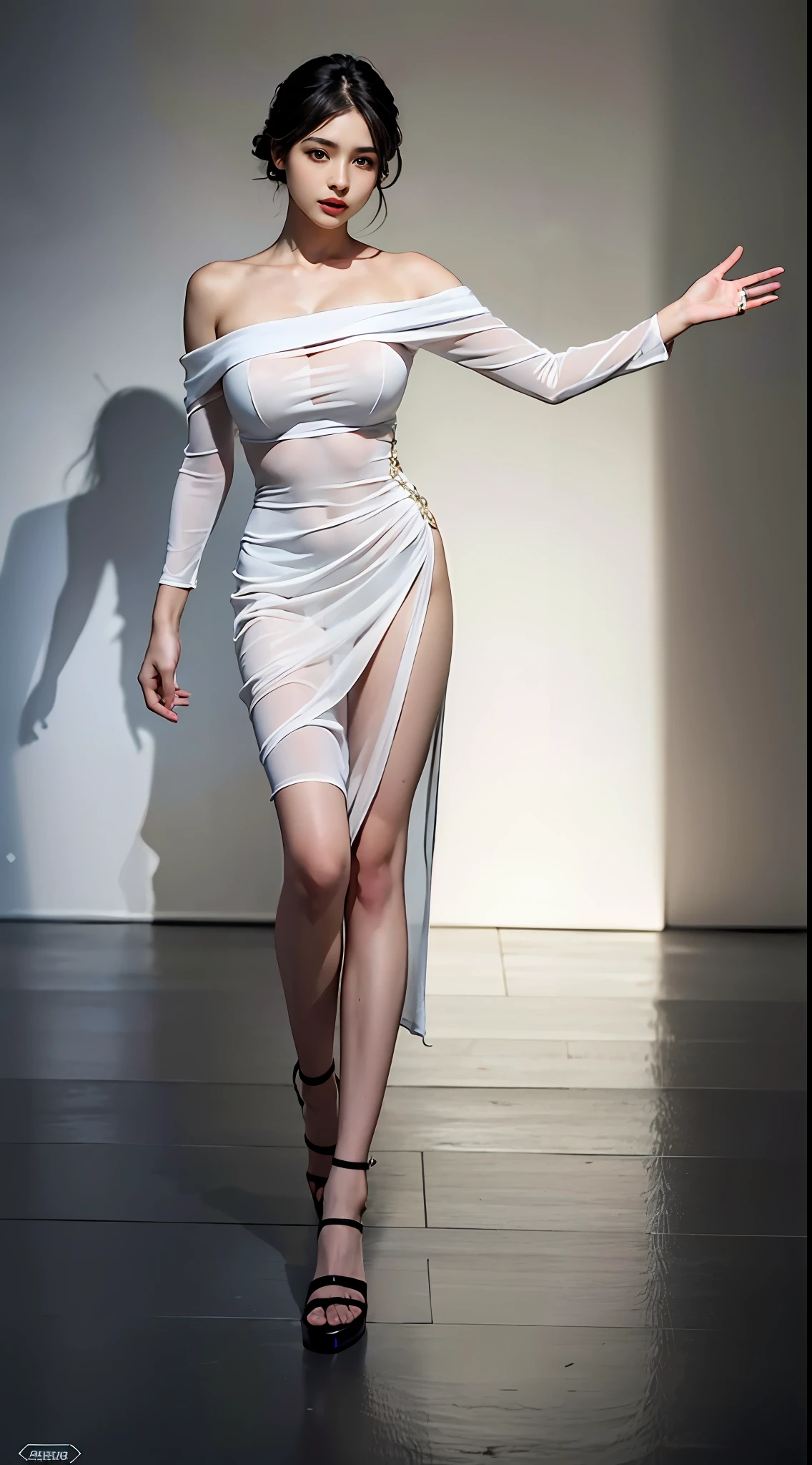Best quality, masterpiece, ultra high res, (photorealistic:1.5), raw photo, 1girl, Indian girl, 22 year old, off shoulder dress, translucent skin, on the ramp, rampwalk, fashion show, dynamic pose, full body photo, random camera positions, in the dark, deep shadow, low key, cold light, sexy look, short hair, highly detailed, hyper realistic, very beautiful body, beautiful face, 8K uhd, big breasts