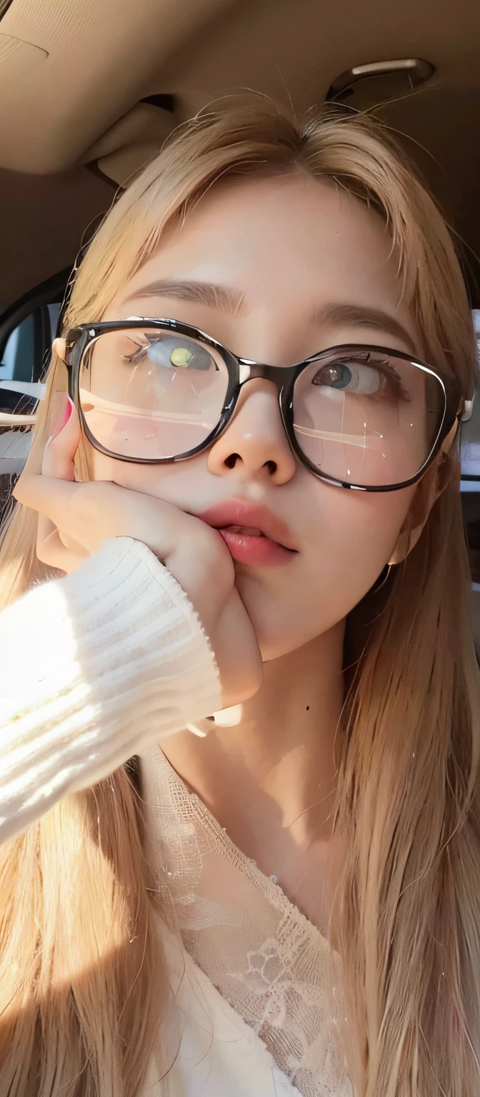 a close up of a woman wearing glasses in a car, roseanne park of blackpink, spectacled, wearing thin large round glasses, with glasses, thick glasses, with square glasses, wearing square glasses, glasses glasses, ulzzang, glasses, sakimichan, belle delphine, lalisa manoban of blackpink, big glasses, good young girl, masterpiece, 8k, cleavage, big boobs, bust detail, hair detail, eye detail