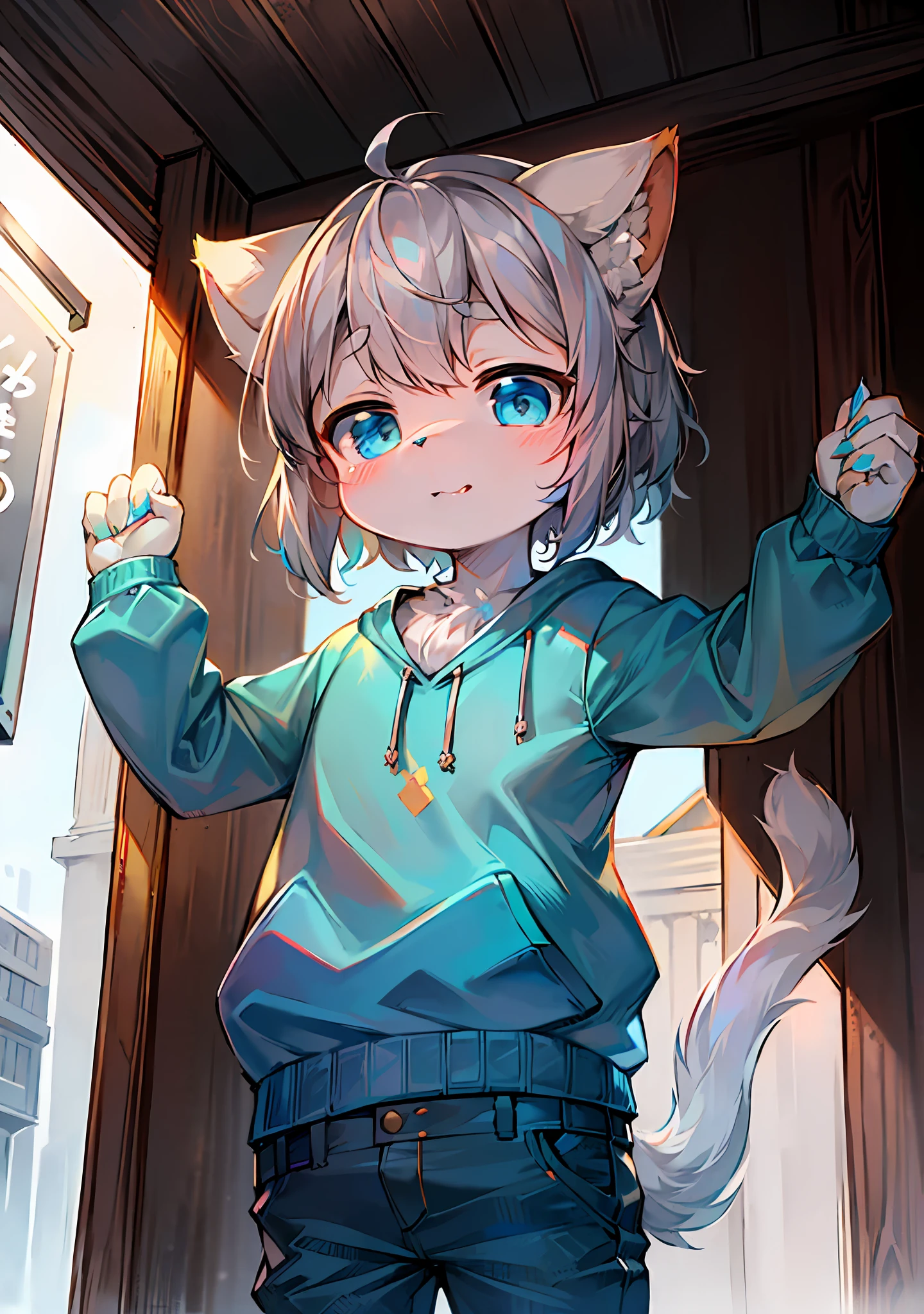 eyes with brightness,Bust photo of the character,Q version,头像框, Character focus,独奏, shaggy, Fluffy female cat, Yellow-white fur for men, blue color eyes, Gray hair(The long)Loli style,Little cute, Will sell moe,Wear blue clothes and pants,There is a tail