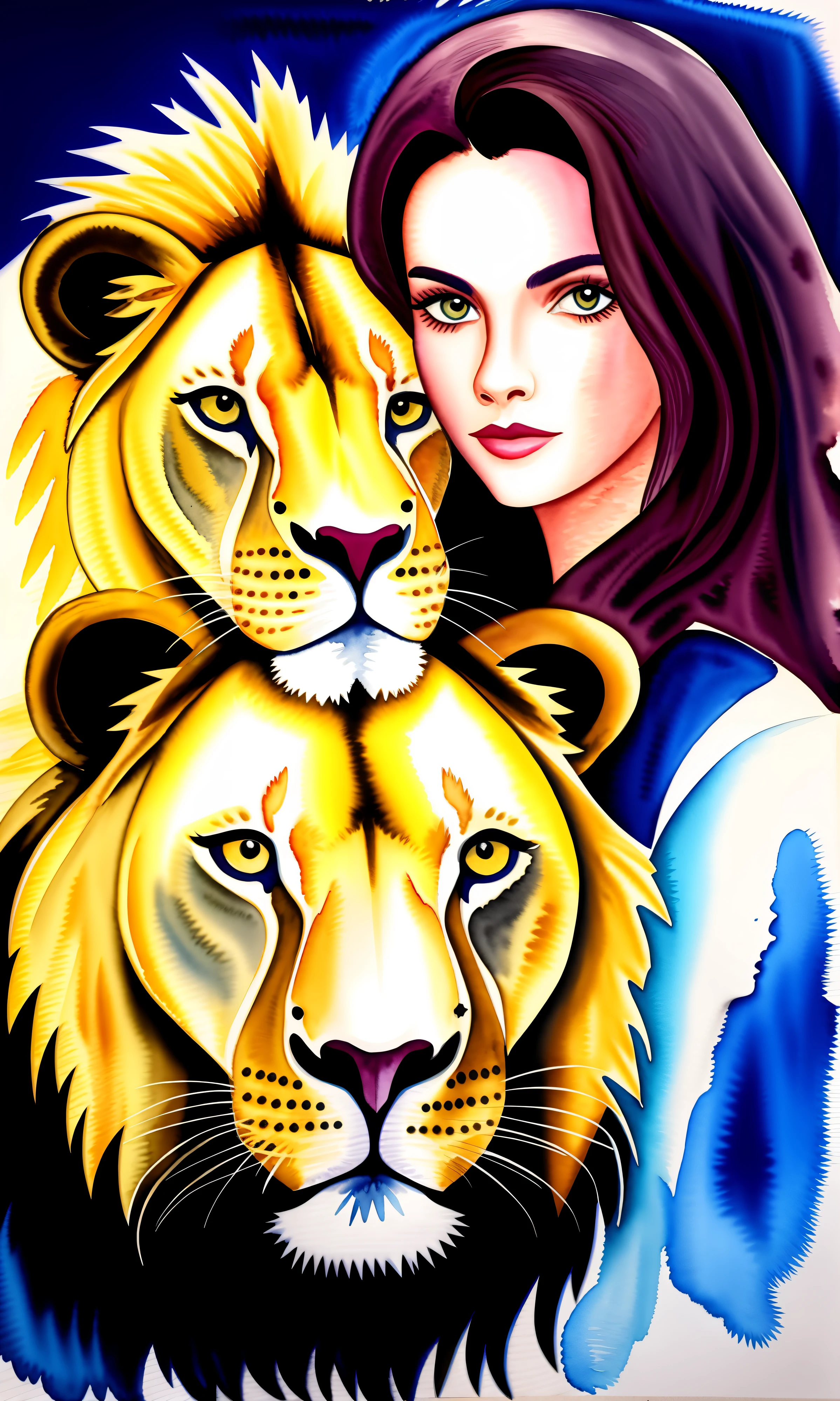 Watercolour portrait woman with lion, Watercolor Artist Kelogsloops style