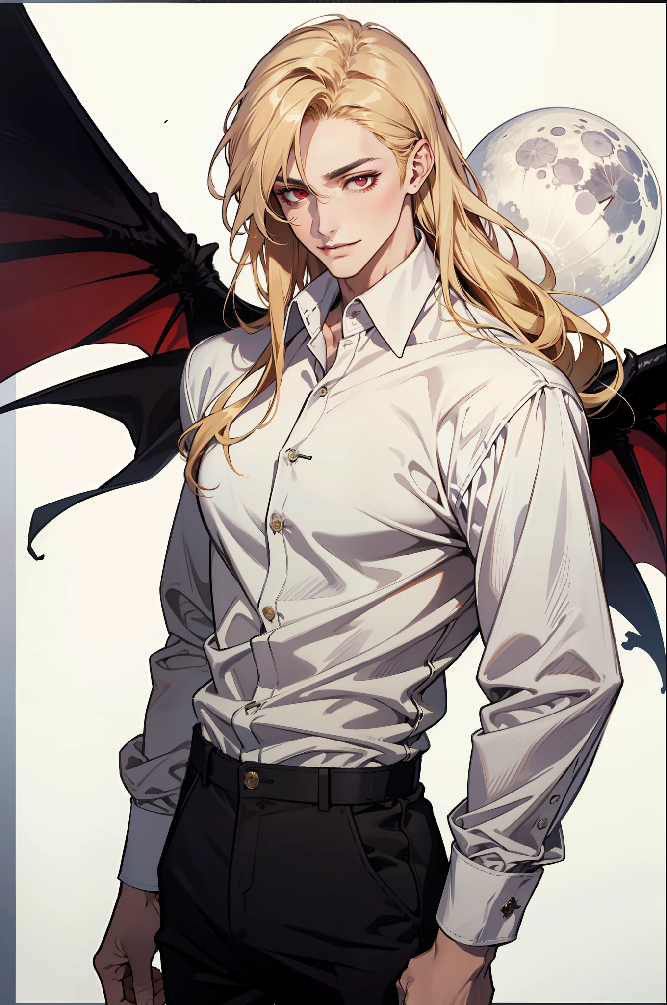 (absurdres, highres, ultra detailed), 1man, 30 years old man, adult man, handsome, tall,, finely detailed eyes and detailed face, leather pants, (((white shirt))), night, smile, dutch angle, ((long hair, blonde hair)), moon, gold details, gothic, vampire, vampire prince, dark, simple clothes, looking at the view, pale skin, red detailed eyes, (masculine), sexy, elegant, long bangs, detailed hands, (((red eyes)))