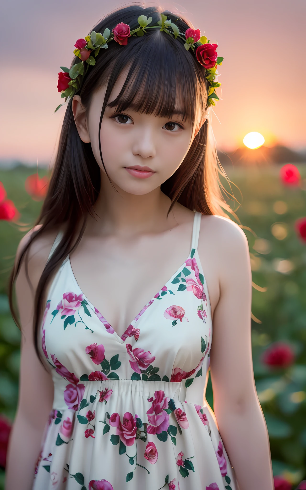 slim body, 20 years old, twilight rays, rose pattern slip dress, flower crown, (((Tokugawaen)), rose front bokeh, bokeh, photorealistic, surrounded by red roses, background dark, smiling, (1 girl), (sunset: 1.3), (8k, raw photography, best quality, masterpiece: 1.2), (realistic, photorealistic: 1.37), best quality, ultra high definition, ( Focus Surface:1.8), (Portrait:1.7), (Intense:1.1), (Details:1.1), (Highest Image Quality), (Analog:1.2), (High Sharp), Canon EOS R Photography, (Summer Dress:1.4), (Standing in a Flower Garden: 1.3), (Vivid and Colorful:1.3)