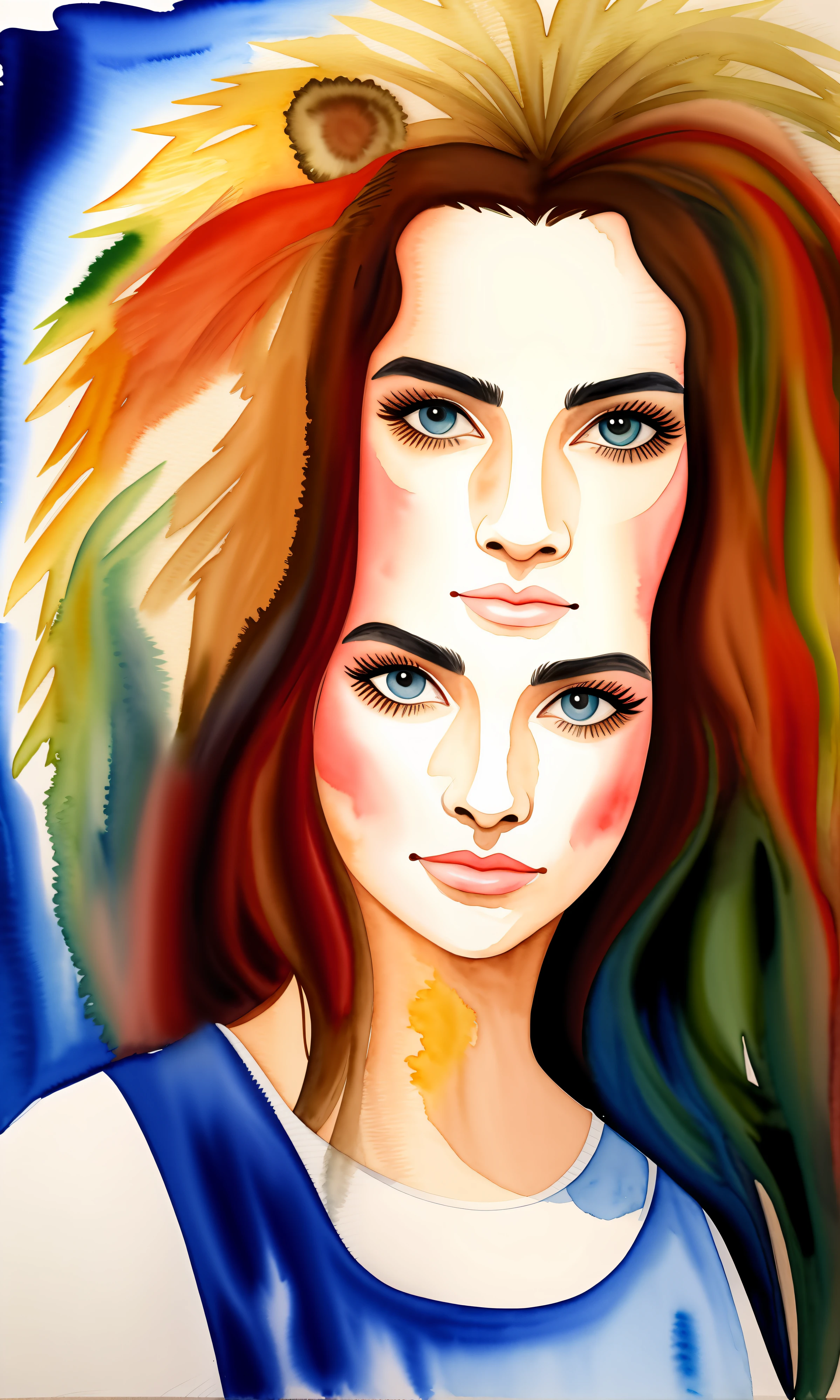 Watercolour portrait woman with lion, Watercolor Artist Kelogsloops style